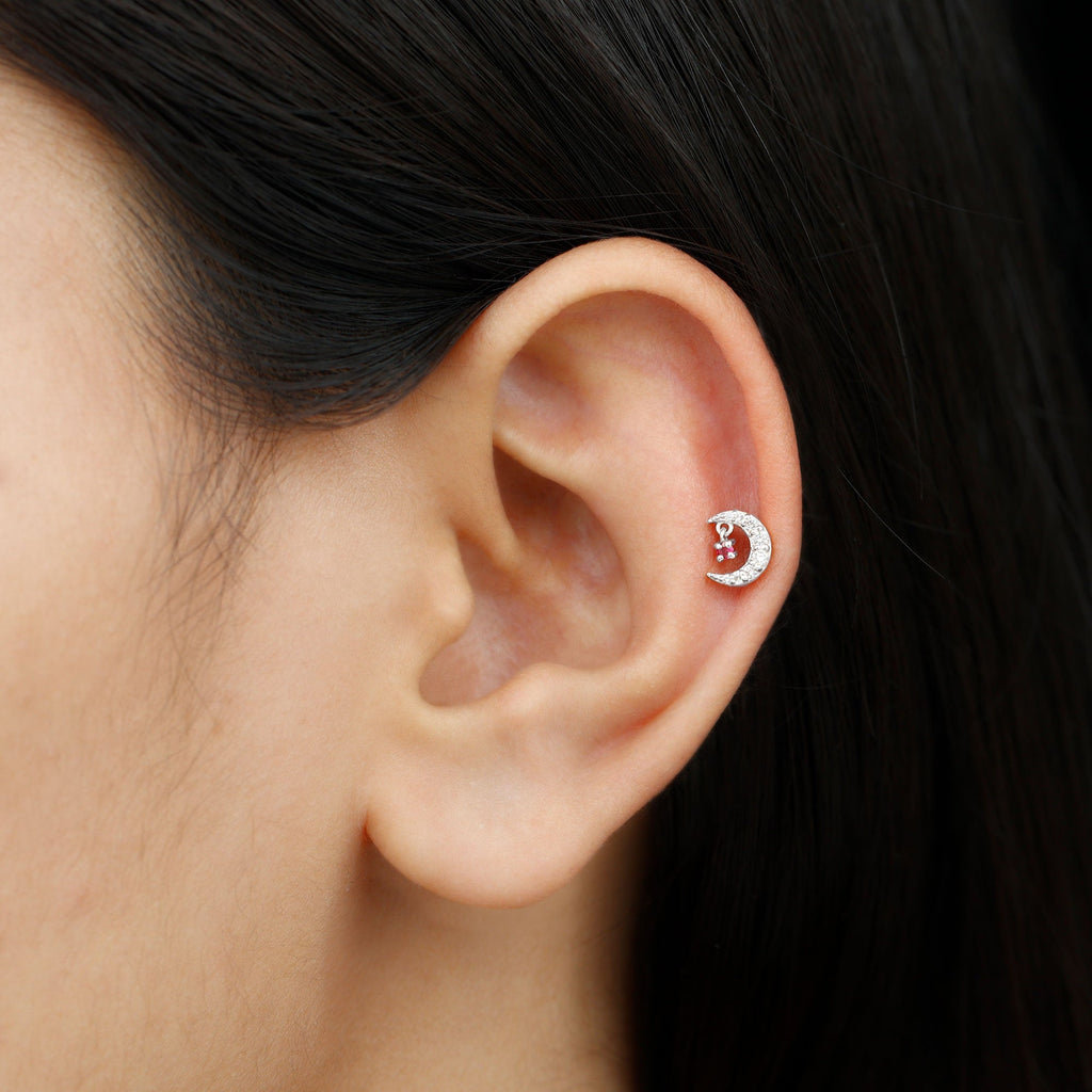 Natural Red Ruby Crescent Moon Helix Earring with Moissanite