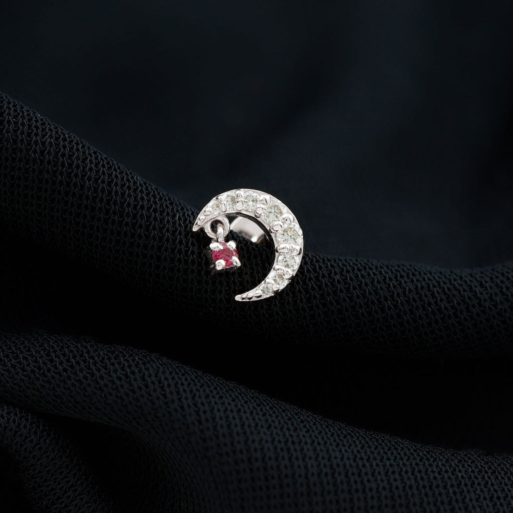 Natural Red Ruby Crescent Moon Helix Earring with Moissanite