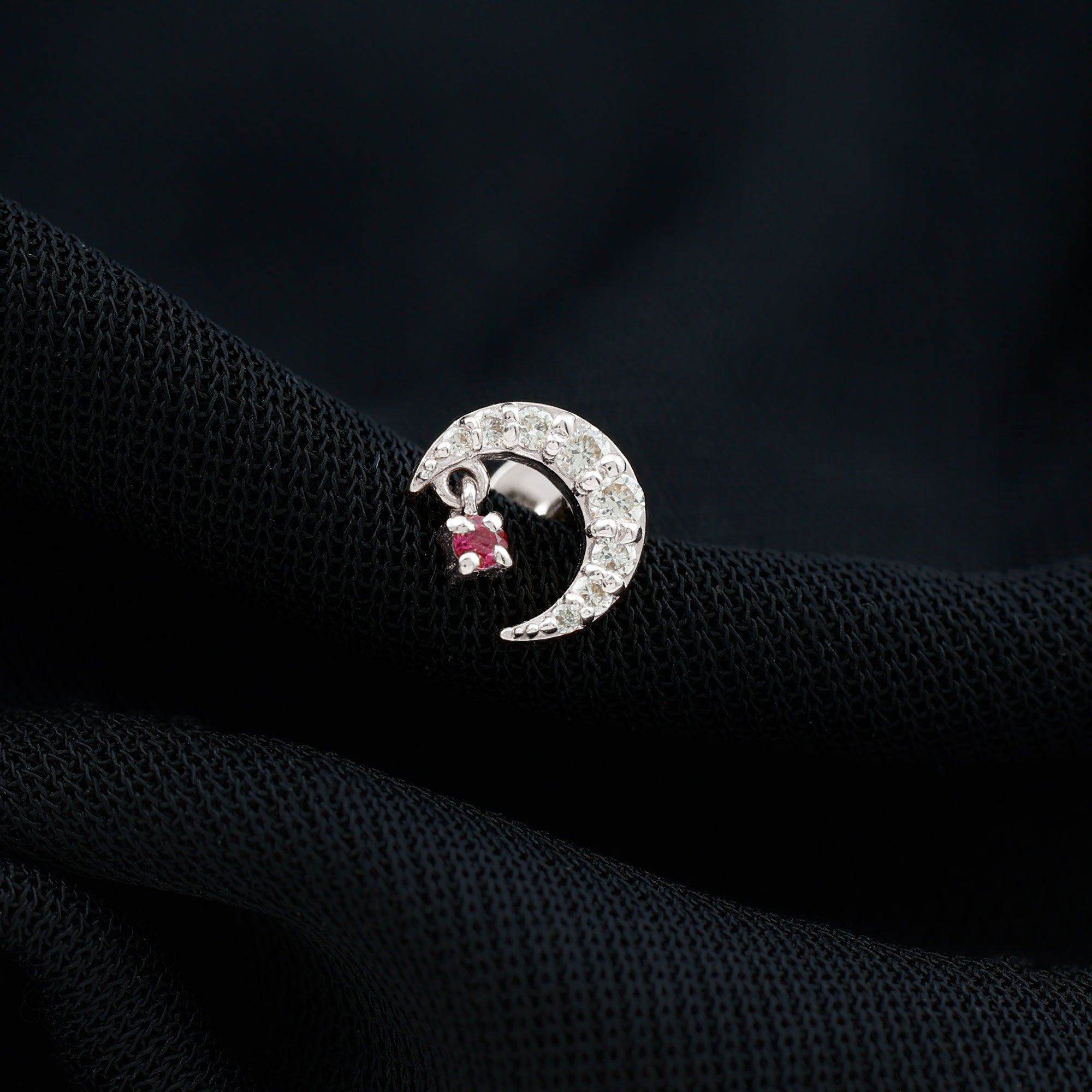 Natural Red Ruby Crescent Moon Helix Earring with Moissanite