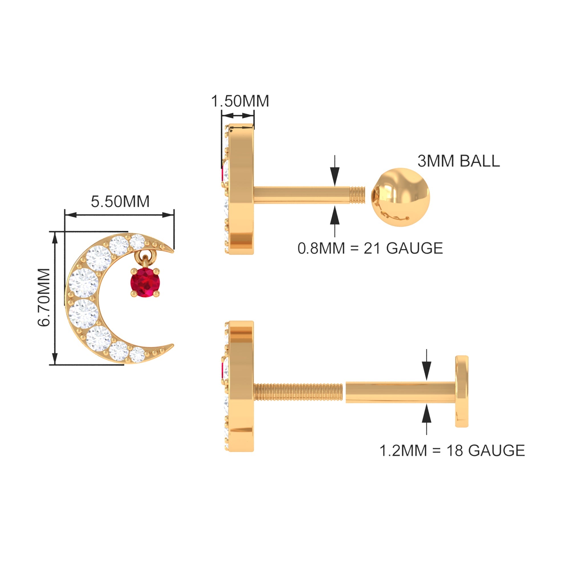 Natural Red Ruby Crescent Moon Helix Earring with Moissanite