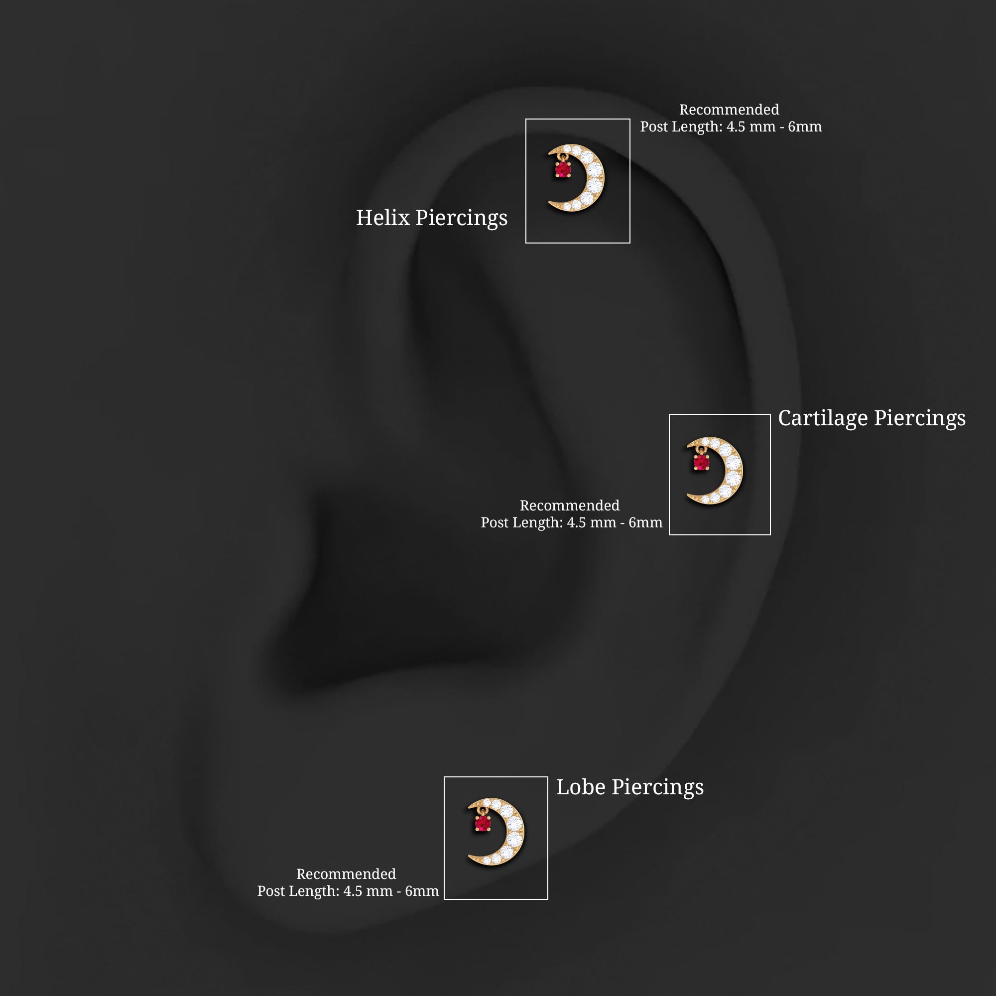 Natural Red Ruby Crescent Moon Helix Earring with Moissanite