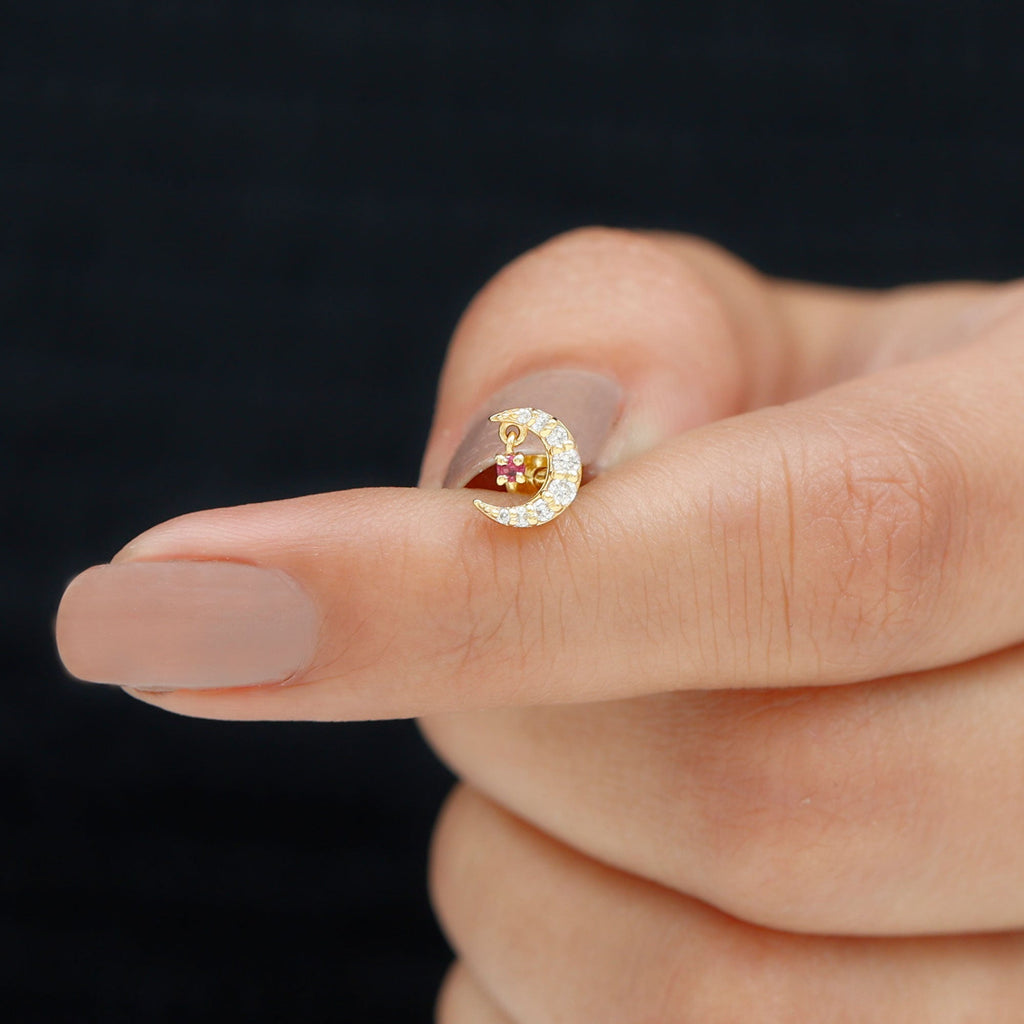 Natural Red Ruby Crescent Moon Helix Earring with Moissanite