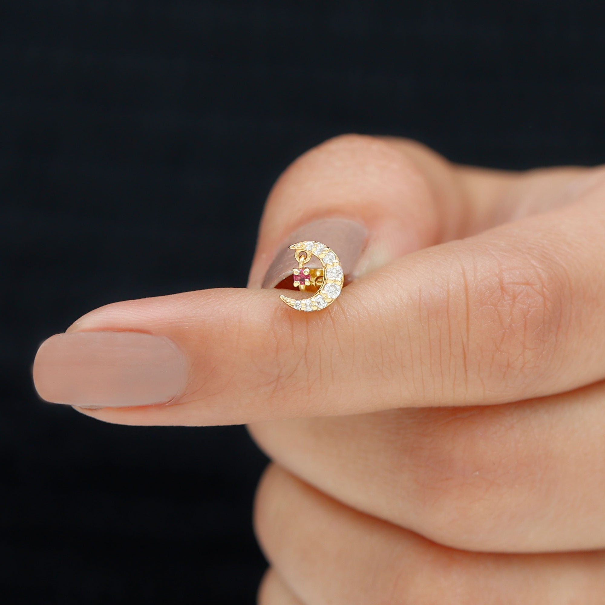 Natural Red Ruby Crescent Moon Helix Earring with Moissanite