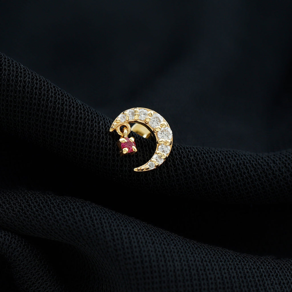 Natural Red Ruby Crescent Moon Helix Earring with Moissanite