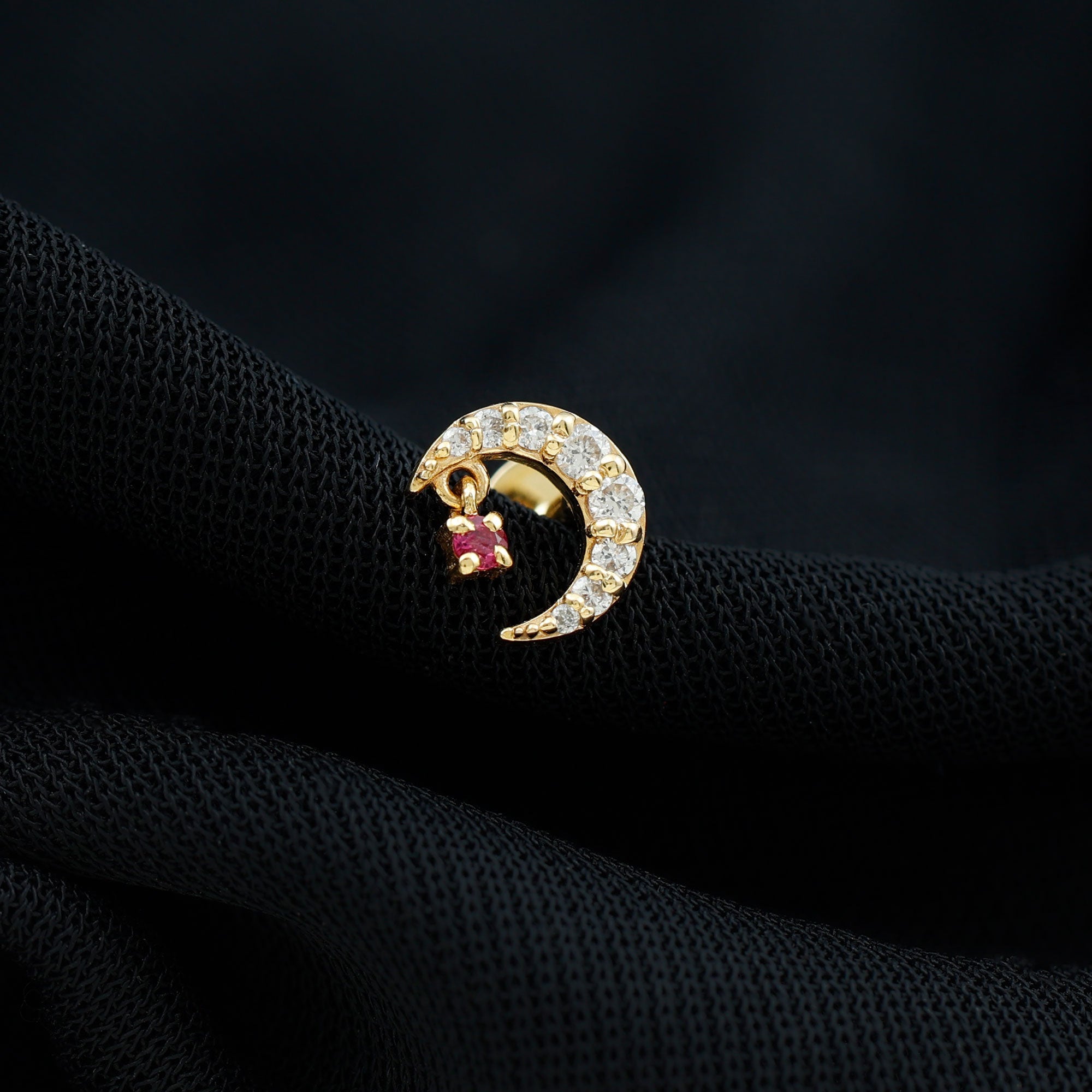 Natural Red Ruby Crescent Moon Helix Earring with Moissanite