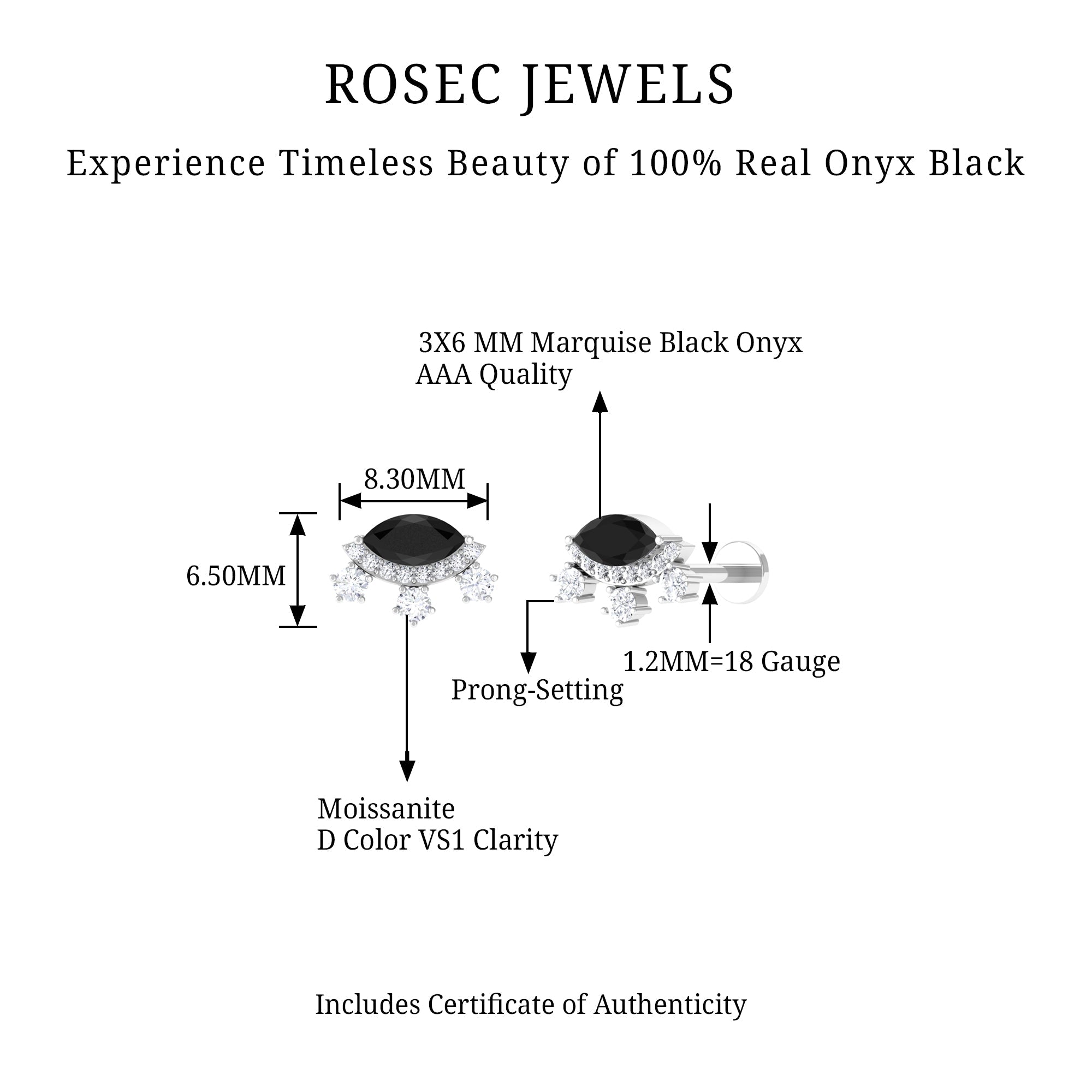 Genuine Black Onyx Gothic Cartilage Earring with Moissanite