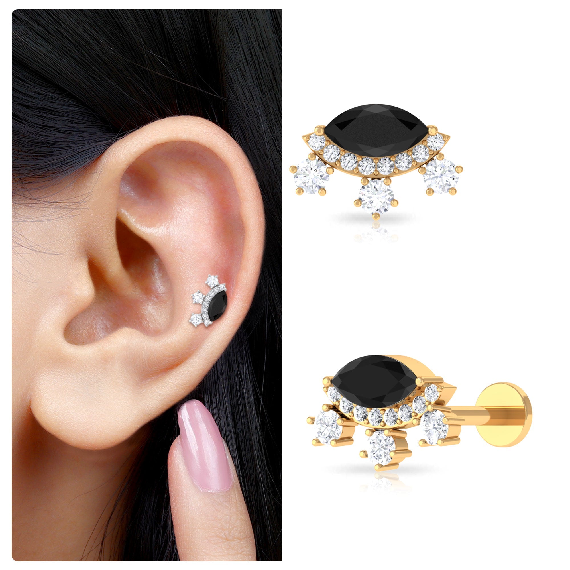 Genuine Black Onyx Gothic Cartilage Earring with Moissanite