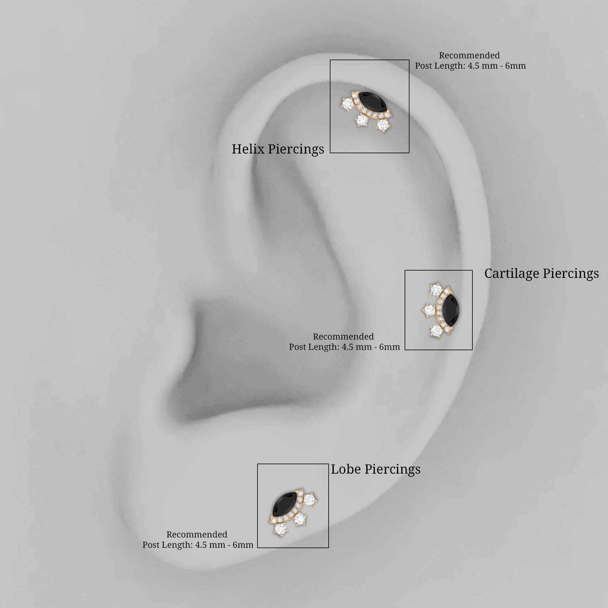 Genuine Black Onyx Gothic Cartilage Earring with Moissanite