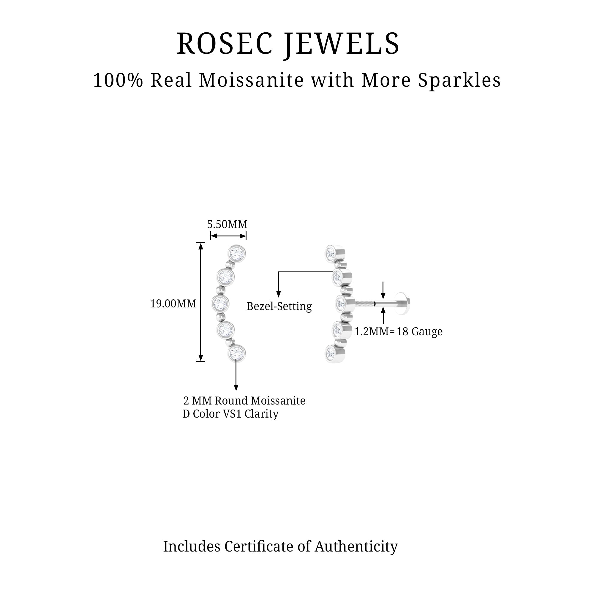 Round Moissanite Curved Climber Earring in Bezel Setting