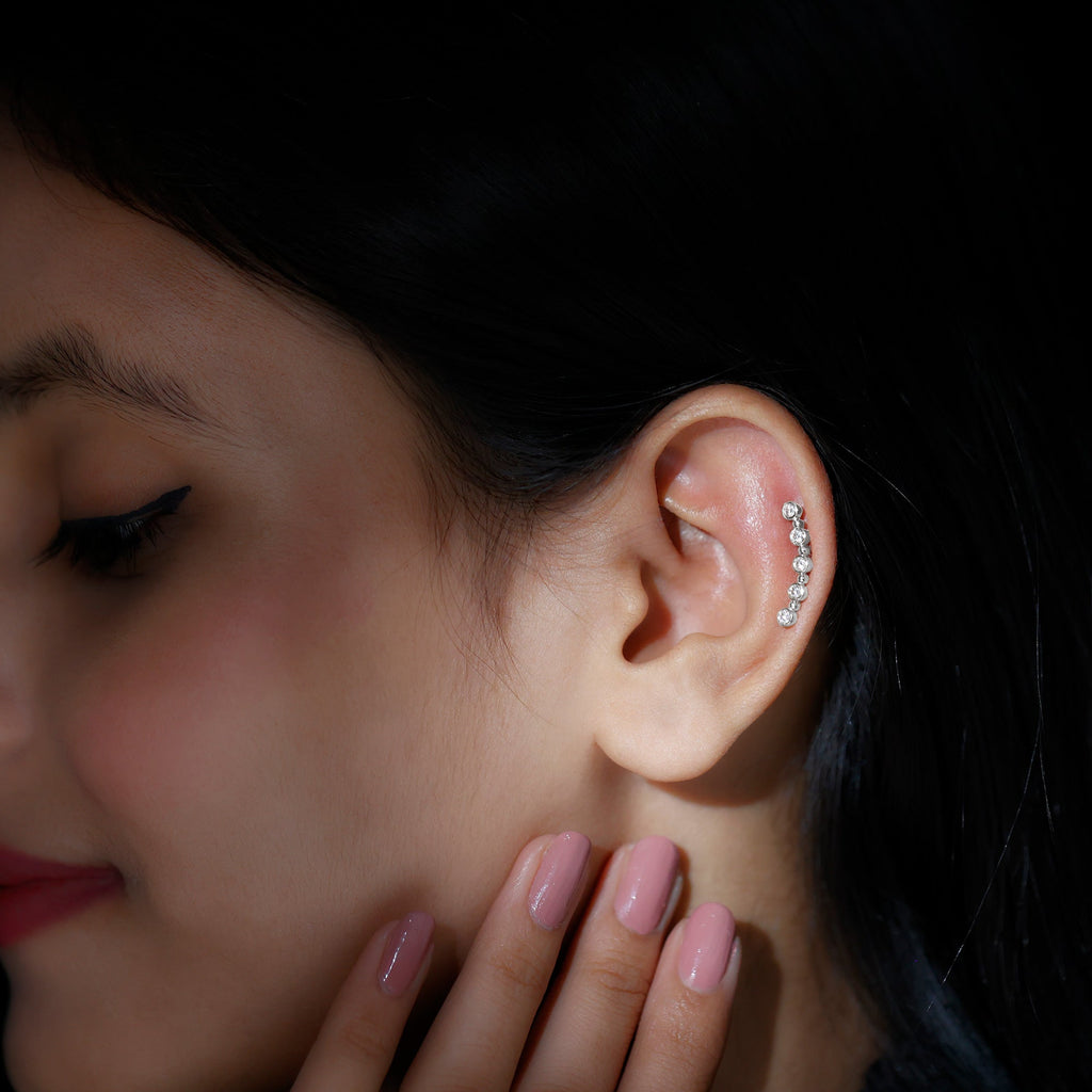 Round Moissanite Curved Climber Earring in Bezel Setting