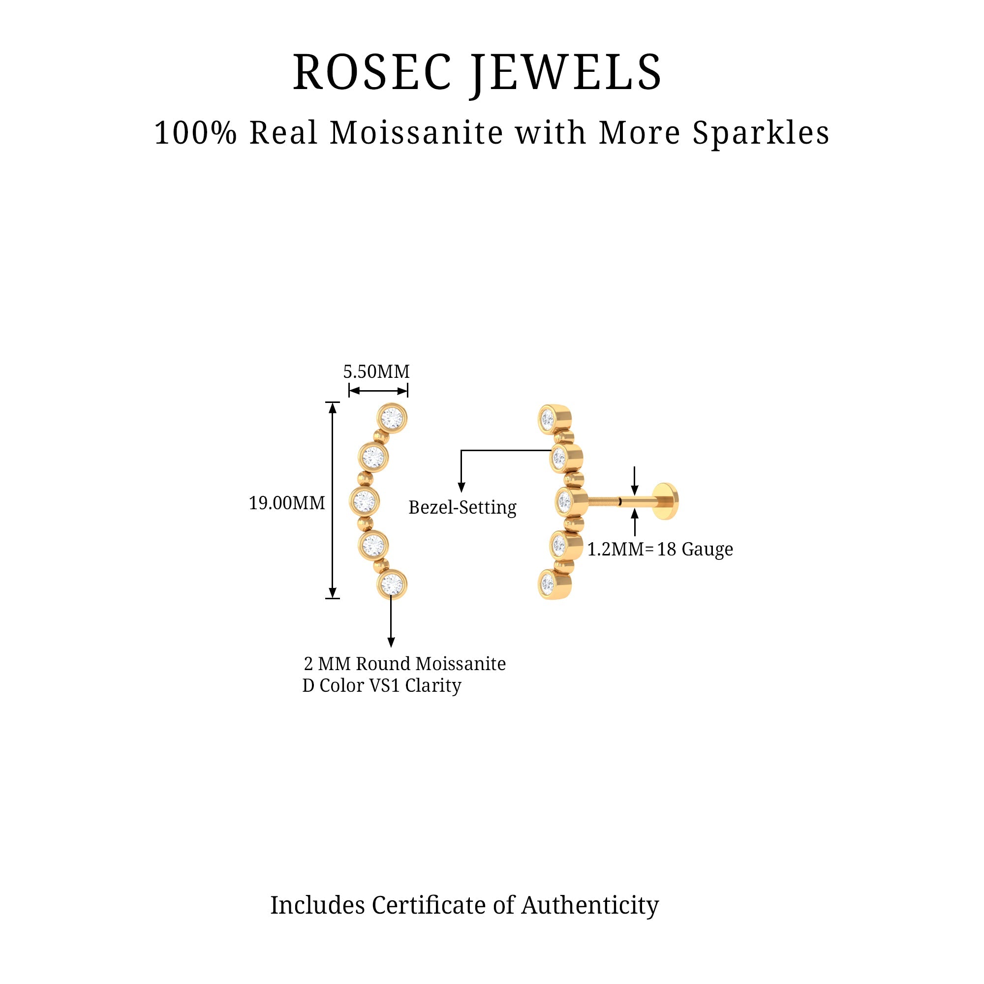 Round Moissanite Curved Climber Earring in Bezel Setting