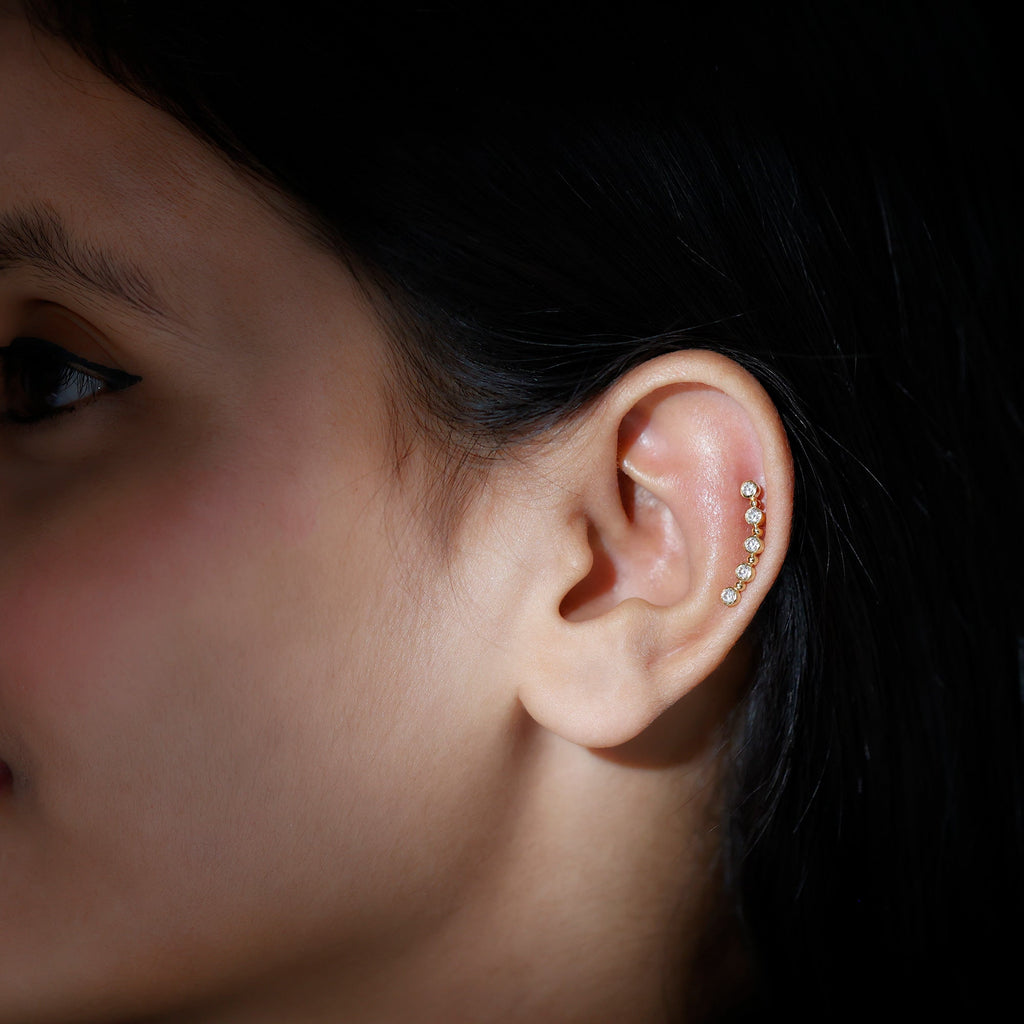 Round Moissanite Curved Climber Earring in Bezel Setting