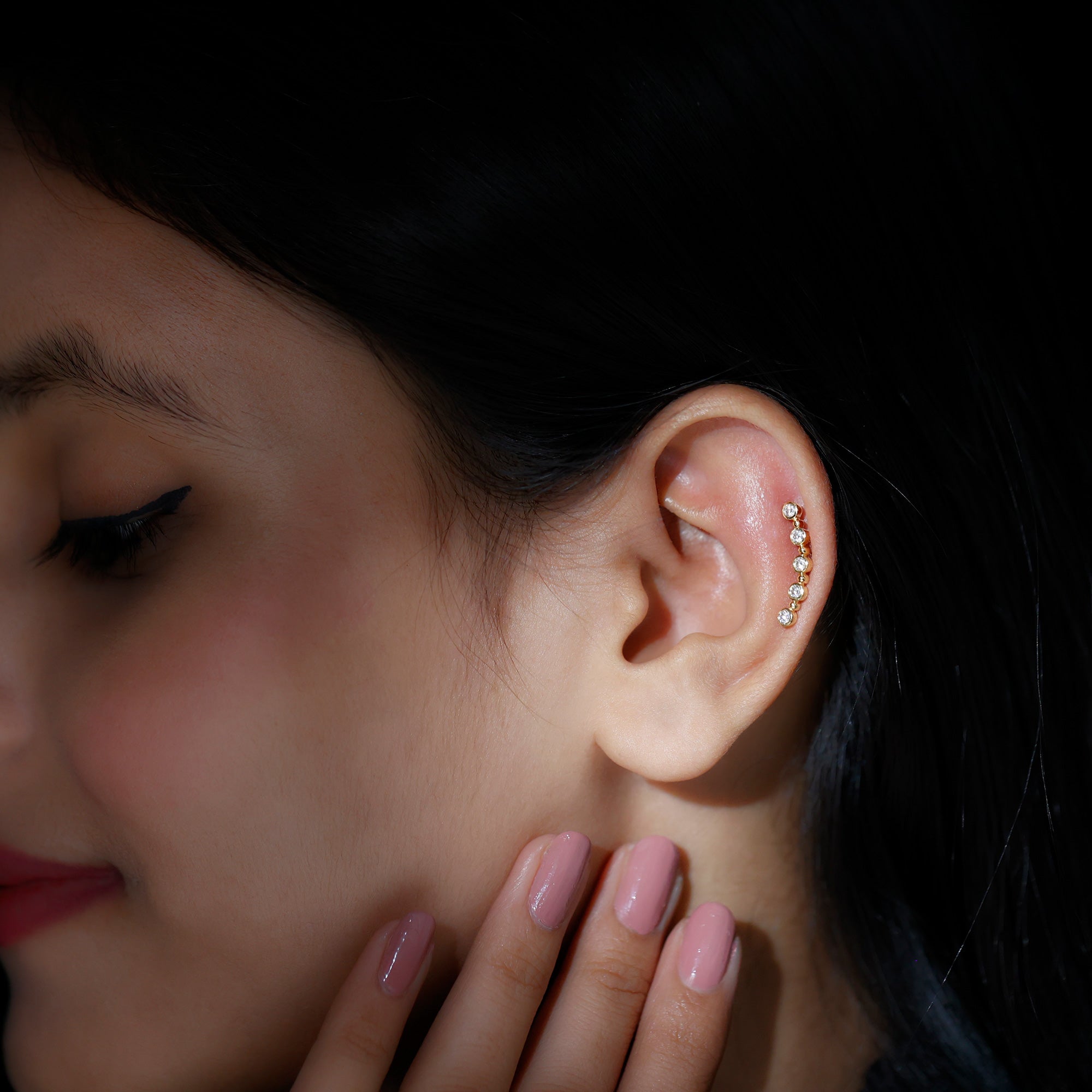 Round Moissanite Curved Climber Earring in Bezel Setting