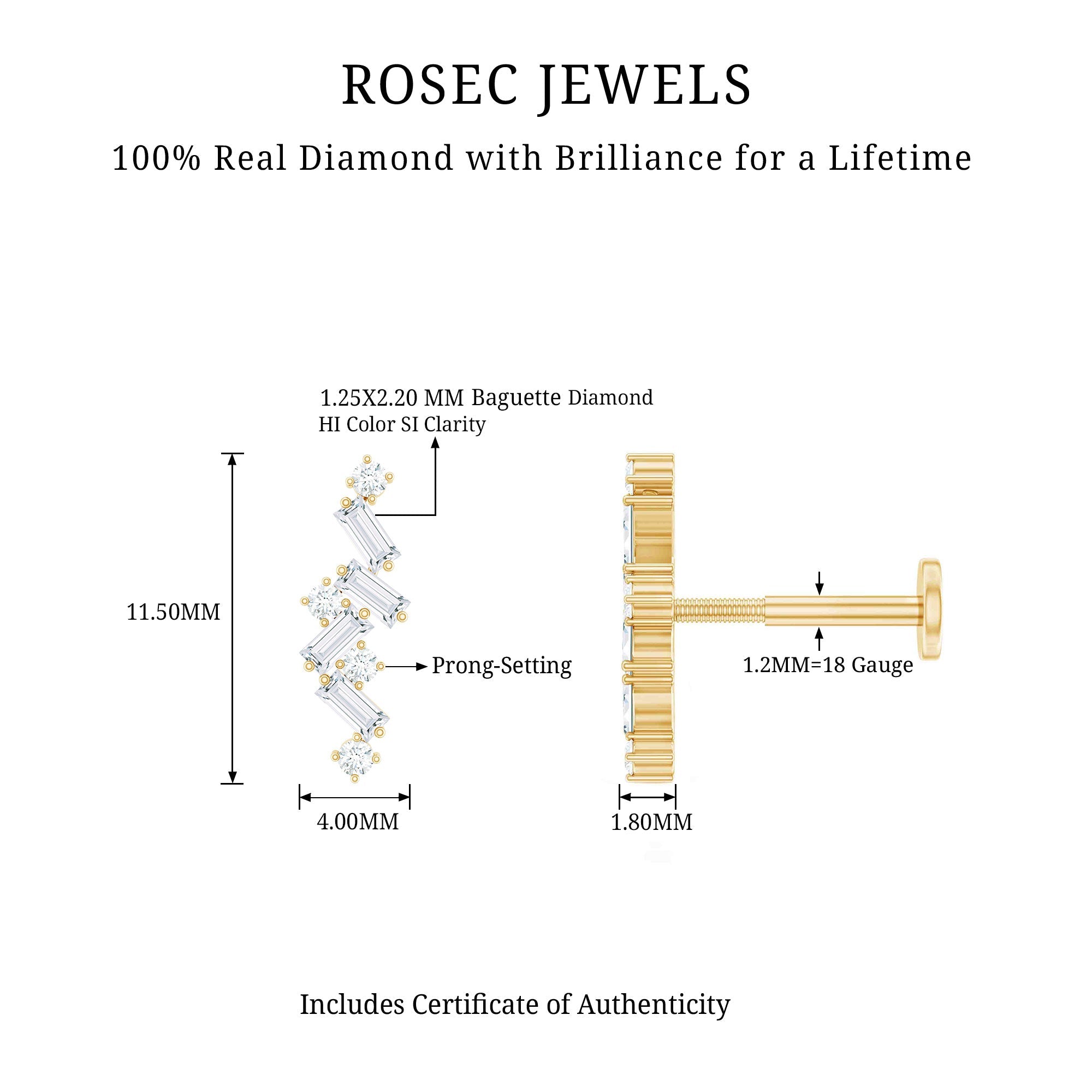 Baguette Diamond Cartilage Earring with Flat Back