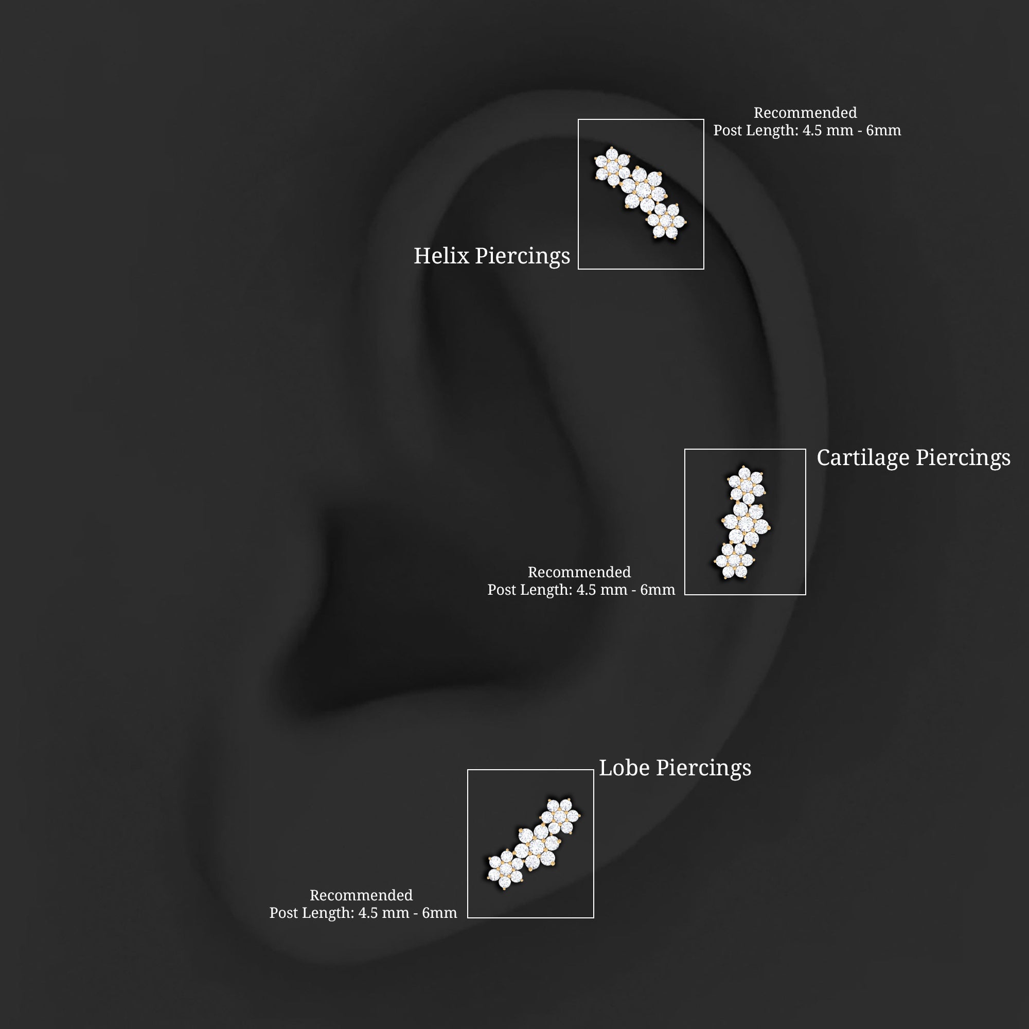 Diamond Three Flower Crawler Earring for Helix Piercing