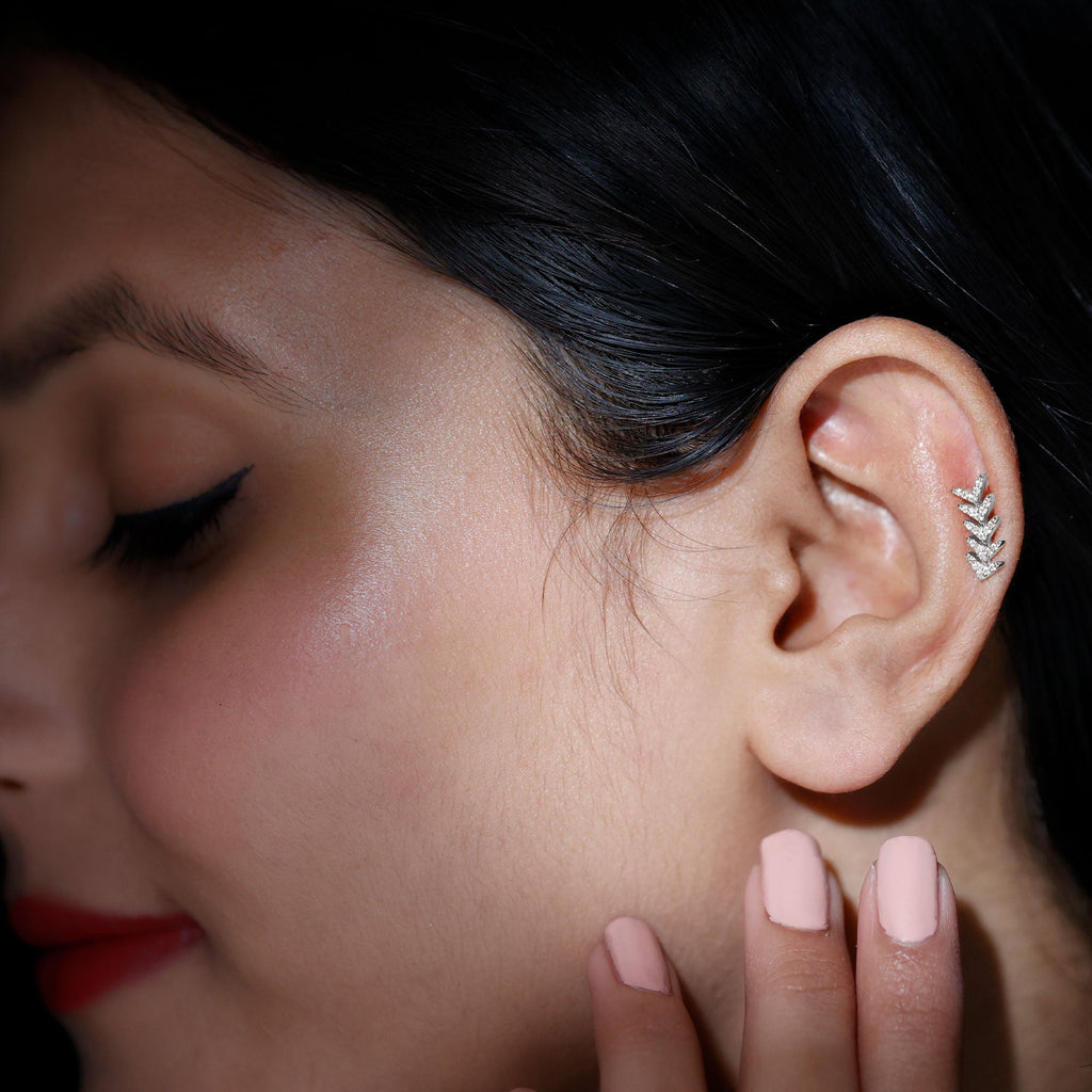 Minimalist Diamond Leaf Crawler Earring for Helix Piercing