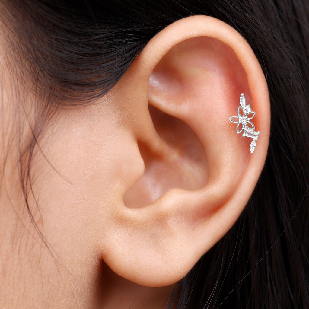 Real Diamond Flower Crawler Earring for Helix Piercing