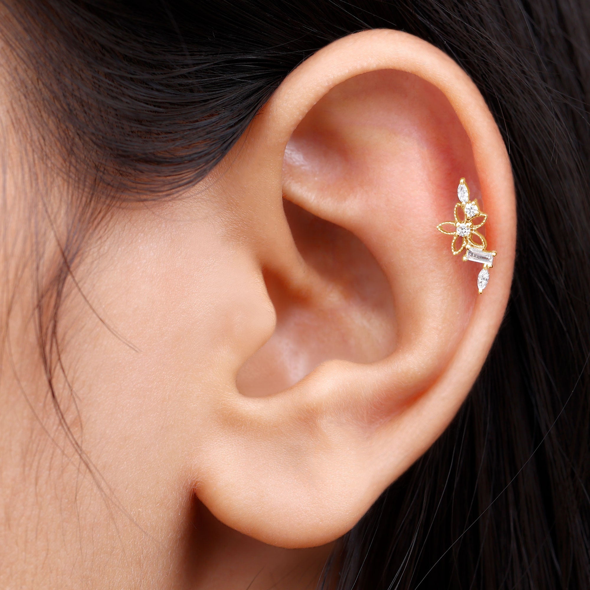 Real Diamond Flower Crawler Earring for Helix Piercing