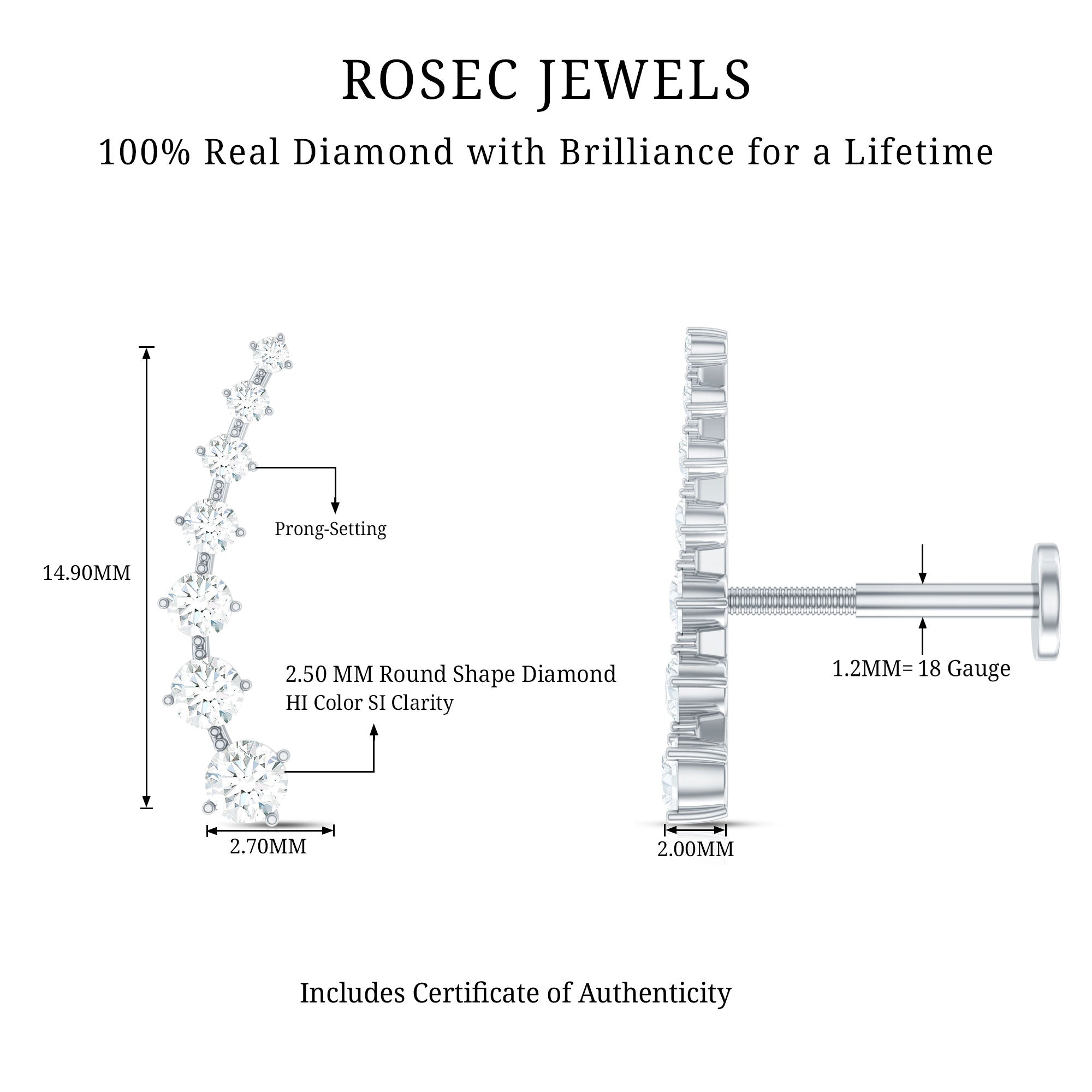 Brilliant Cut Diamond Ear Climber Earring for Helix Piercing