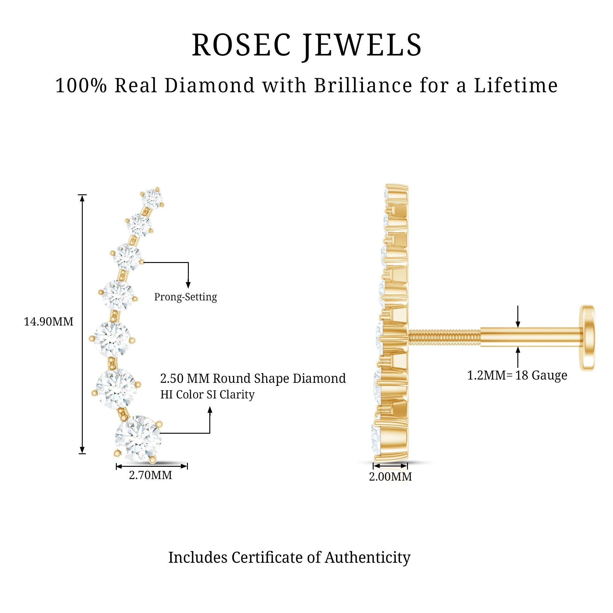 Brilliant Cut Diamond Ear Climber Earring for Helix Piercing