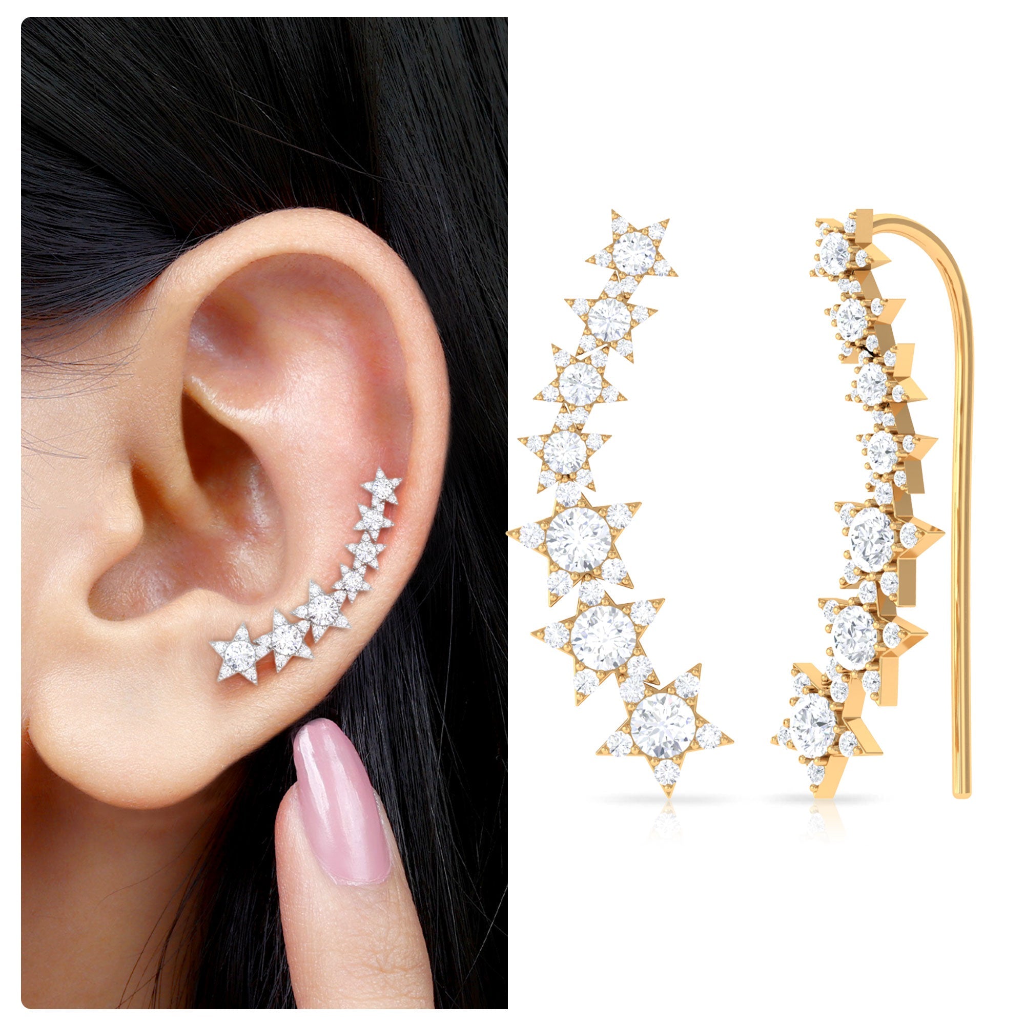 Certified Diamond Star Ear Cuff Earring for Helix Piercing