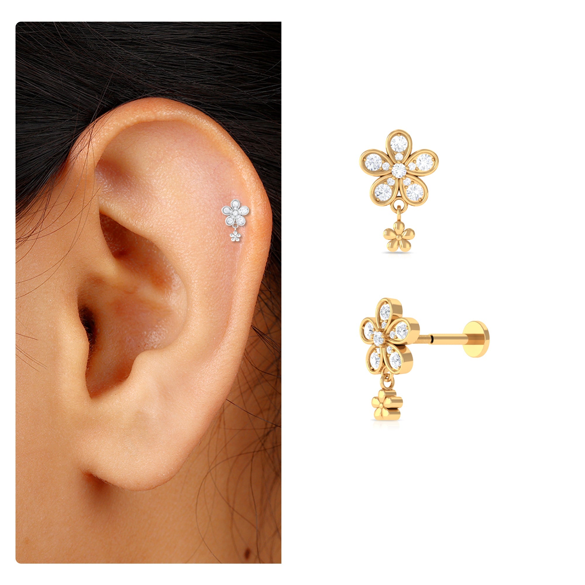 Moissanite Flower Drop Earring for Helix Piercing