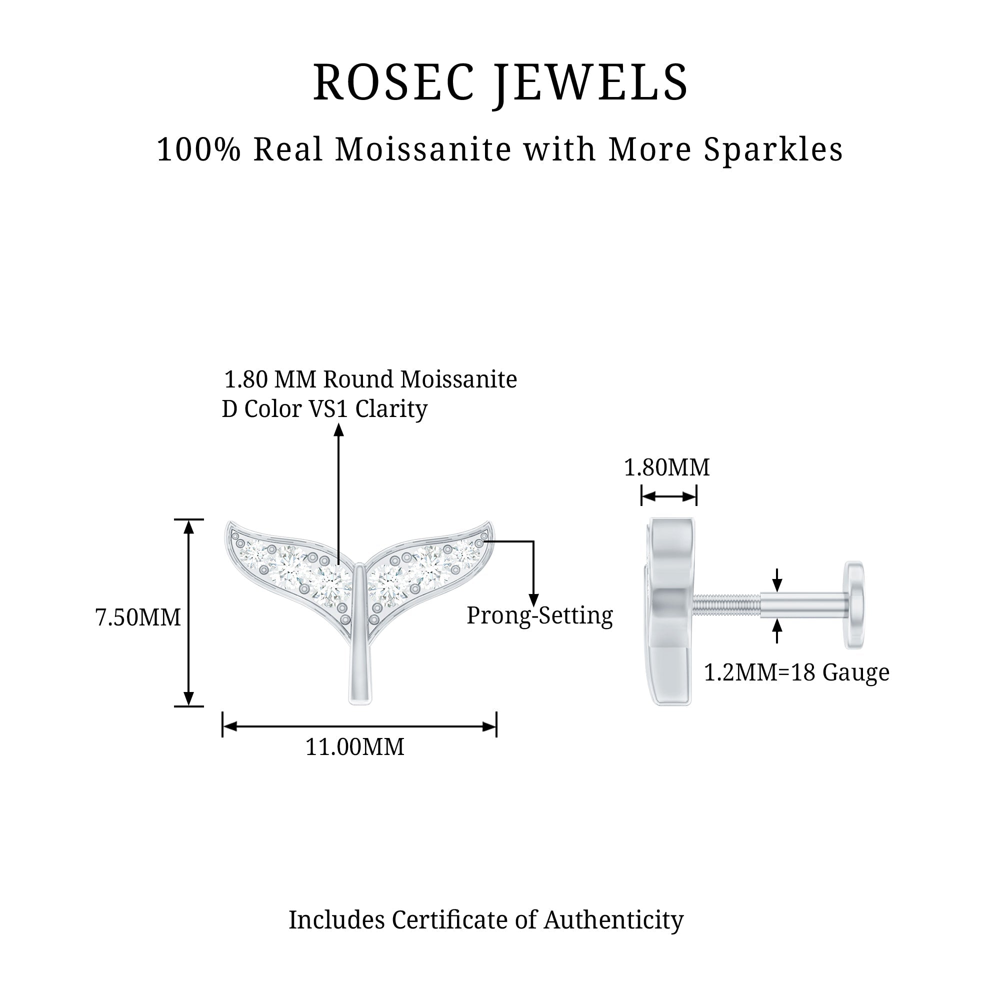Moissanite Whale Tail Earring for Cartilage Piercing