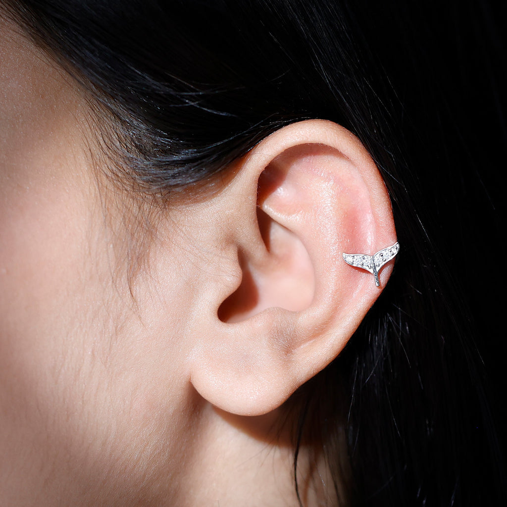 Moissanite Whale Tail Earring for Cartilage Piercing