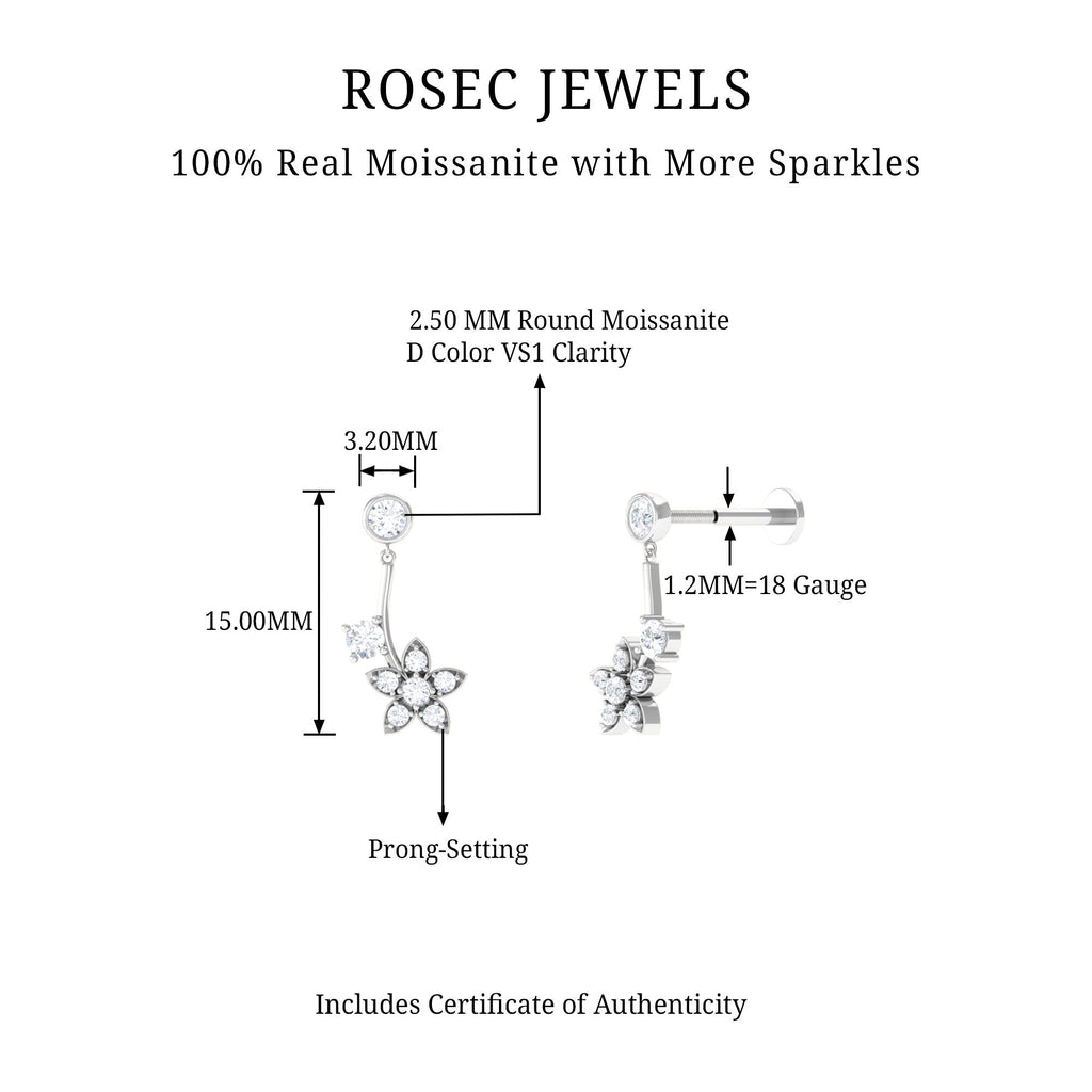 Round Moissanite Flower Drop Cartilage Earring