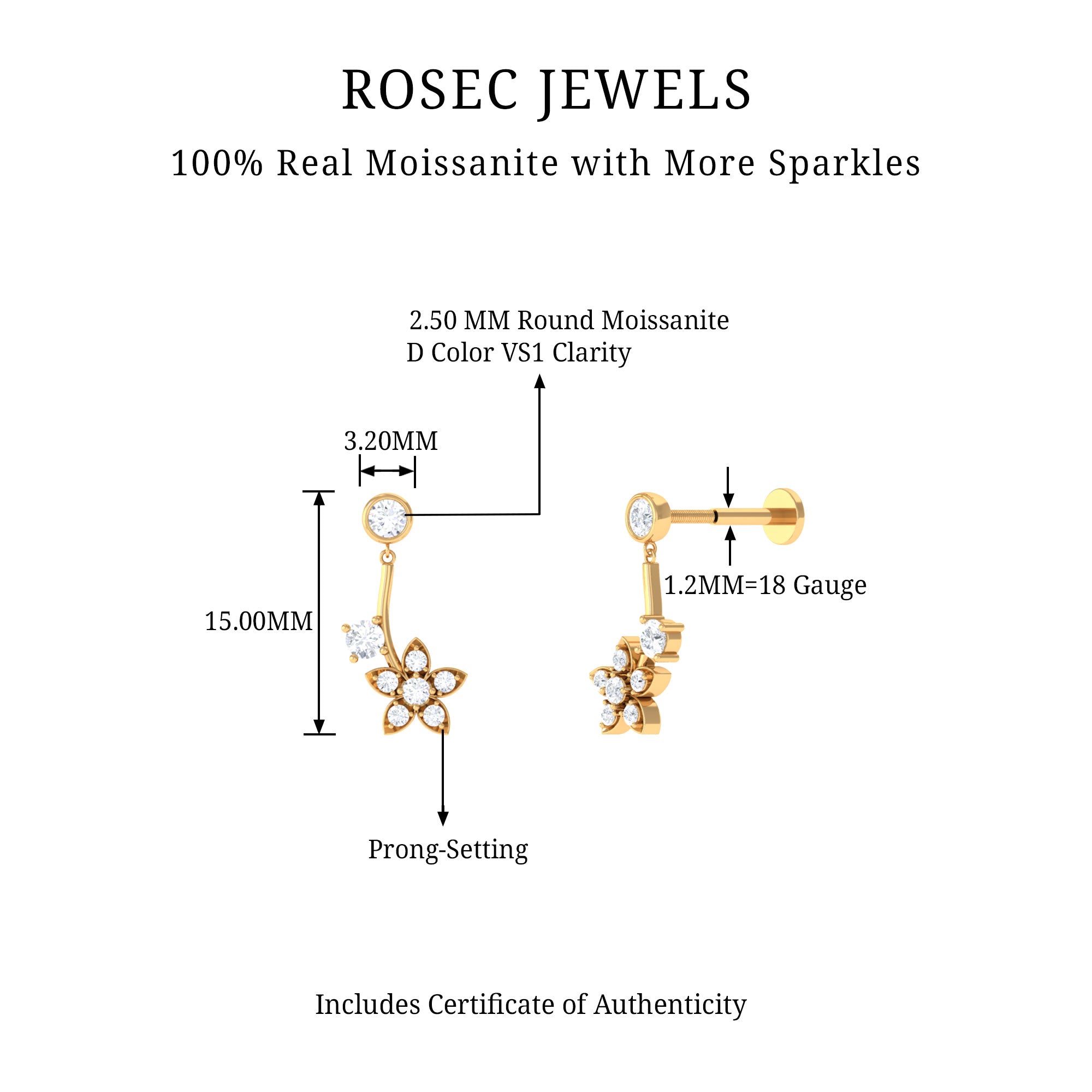 Round Moissanite Flower Drop Cartilage Earring