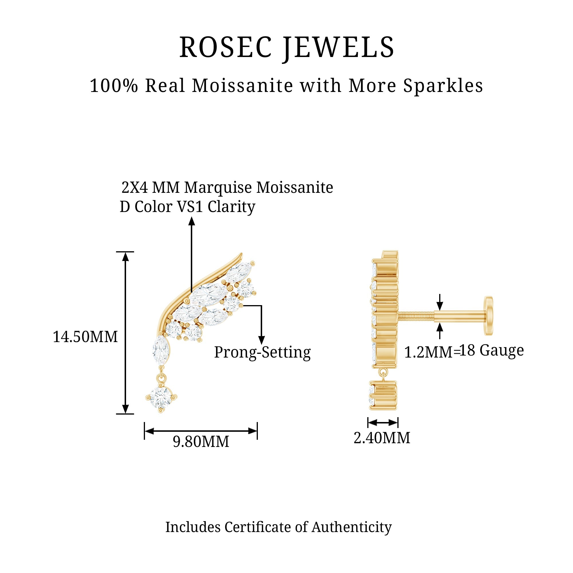 Unique Moissanite Cluster Wing Cartilage Drop Earring