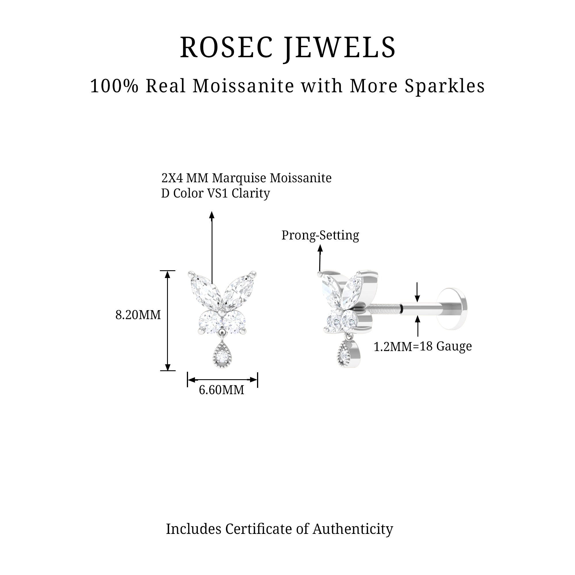 Marquise Moissanite Butterfly Dangle Earring