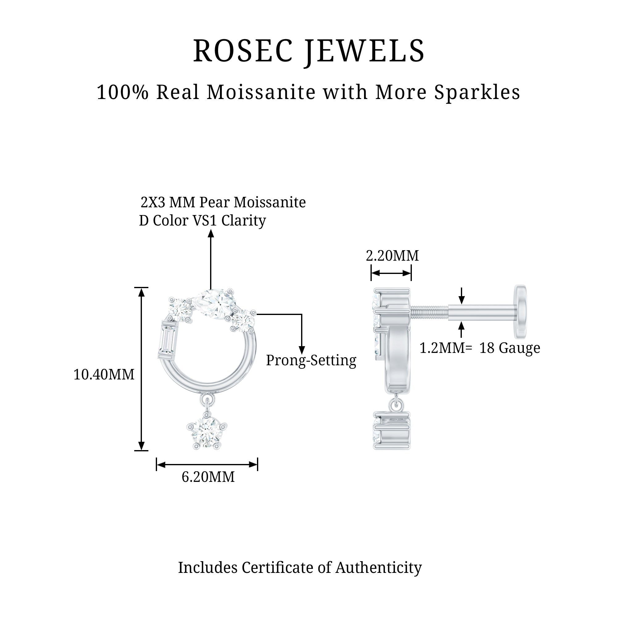 Moissanite Circle Drop Earring for Cartilage Piercing