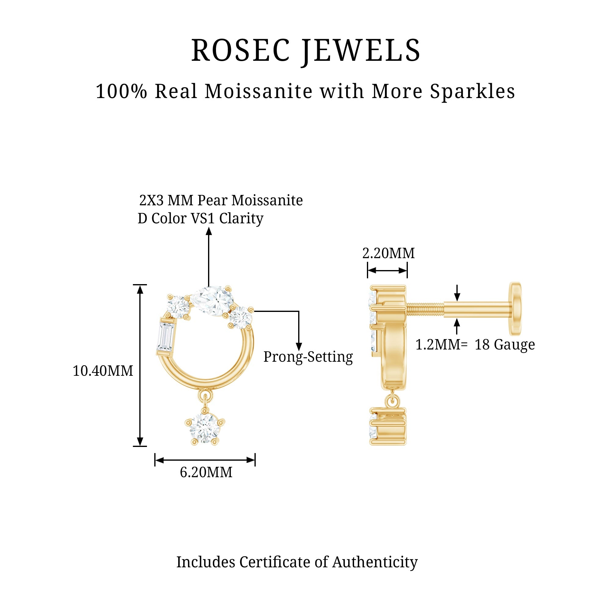 Moissanite Circle Drop Earring for Cartilage Piercing