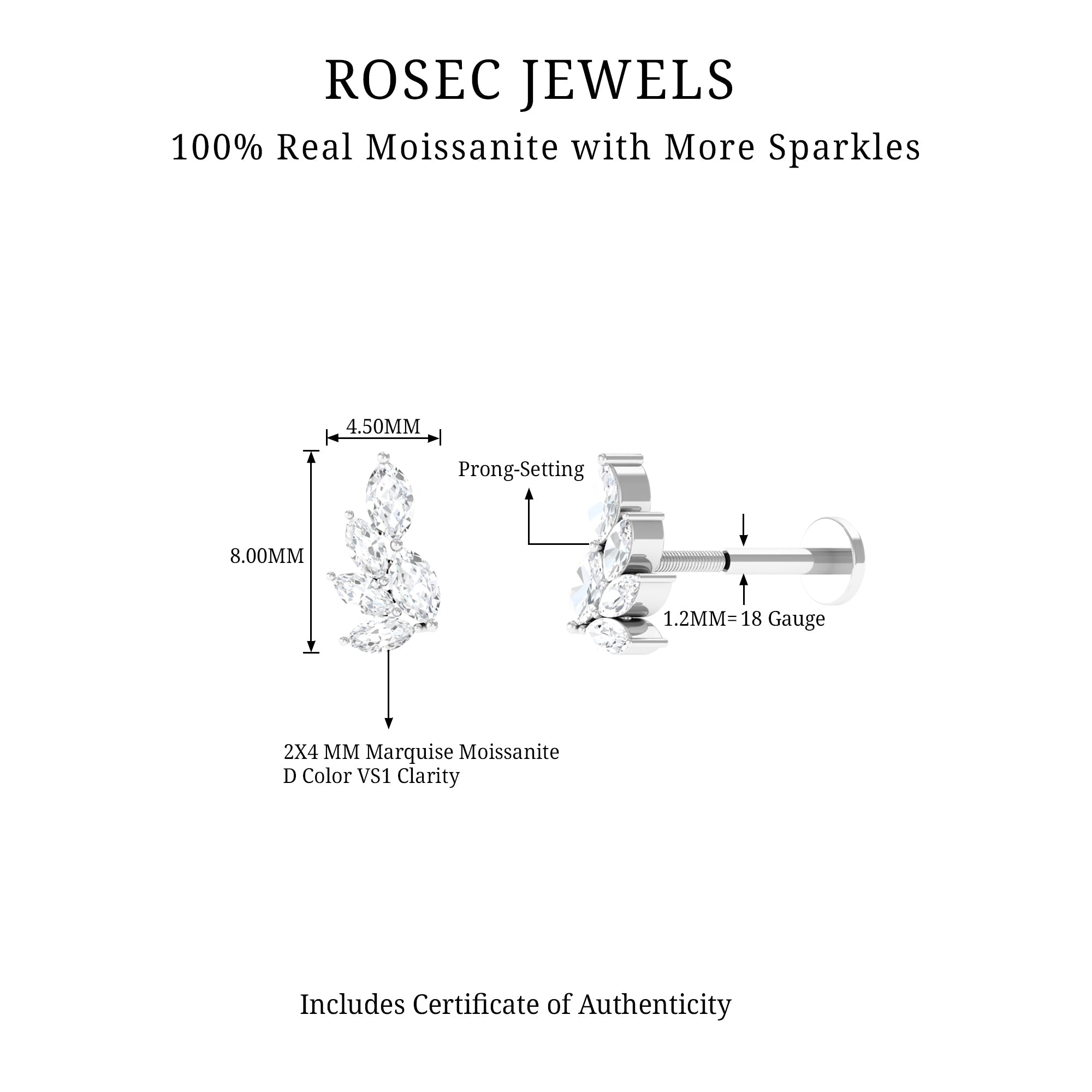 Marquise Moissanite Earring for Cartilage Piercing
