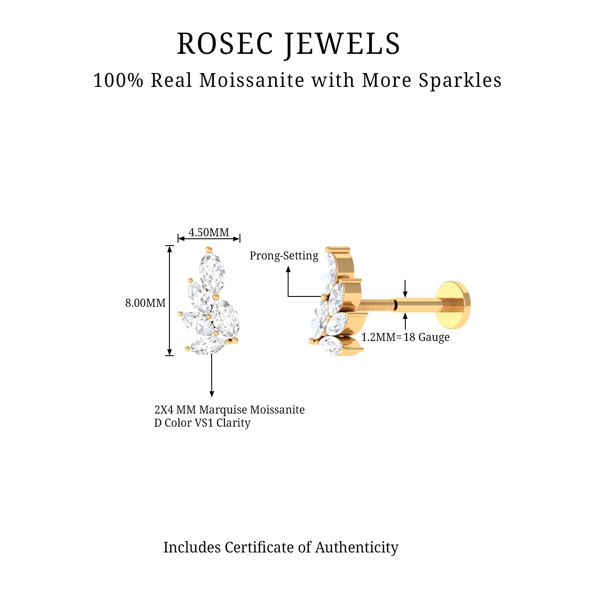 Marquise Moissanite Earring for Cartilage Piercing
