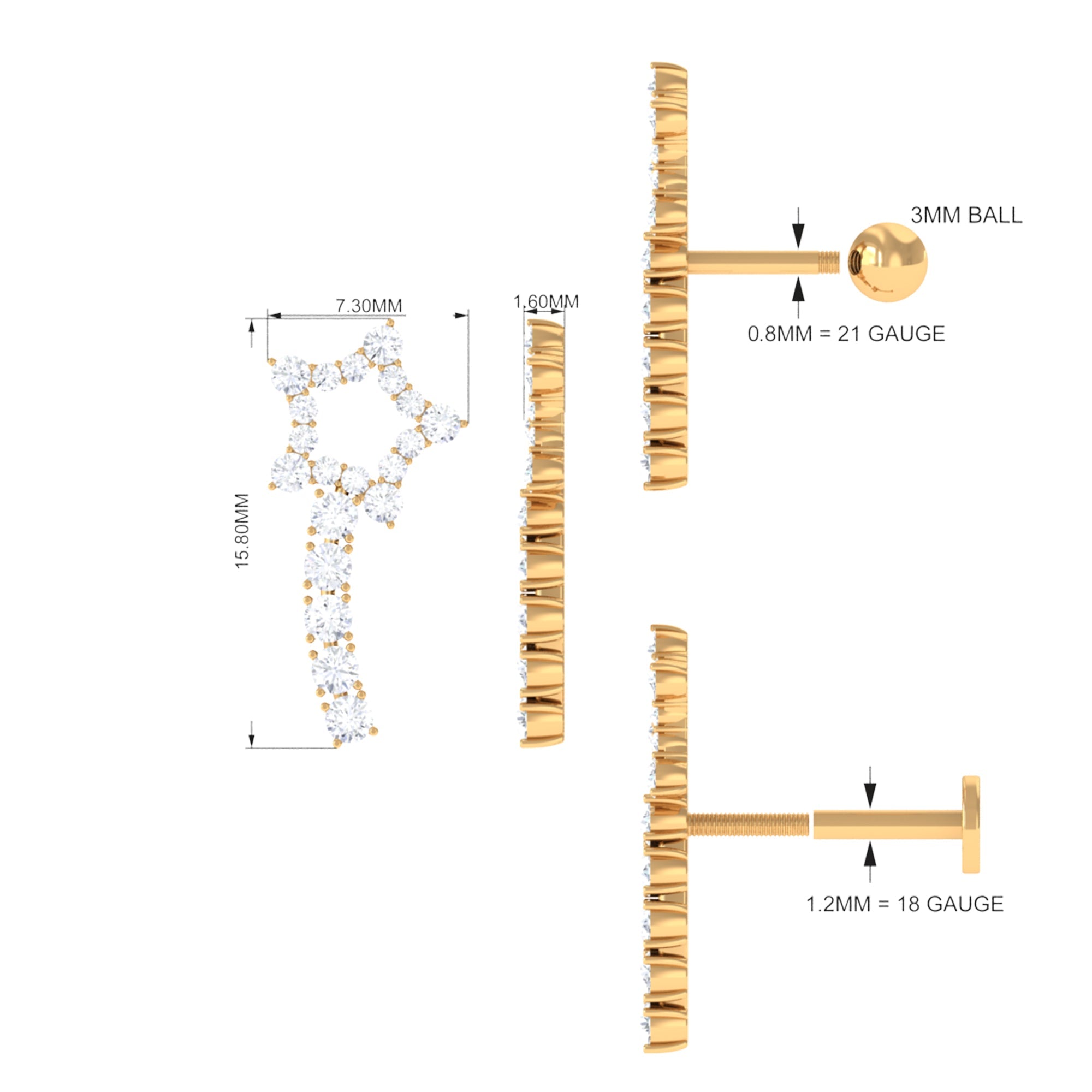 Certified Moissanite Star Celestial Cartilage Earring