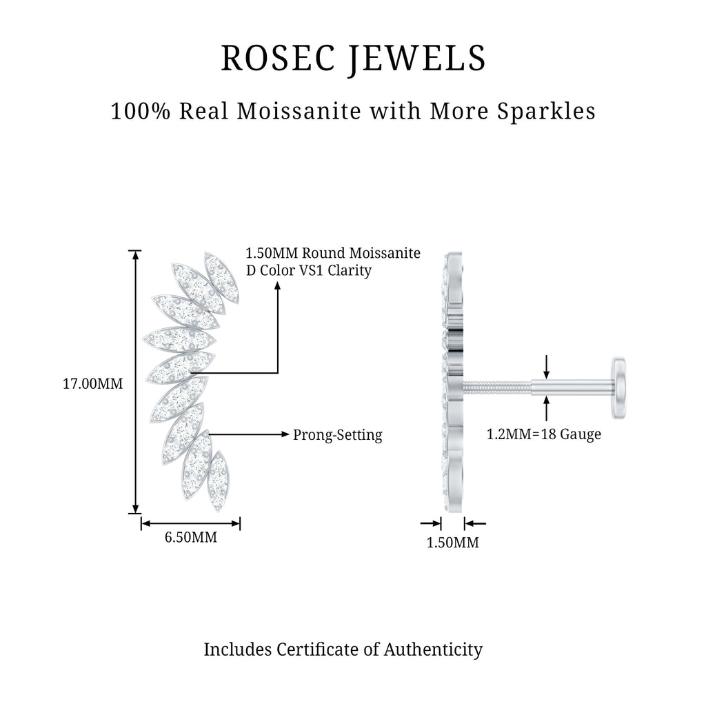 Certified Moissanite Feather Climber Cartilage Earring