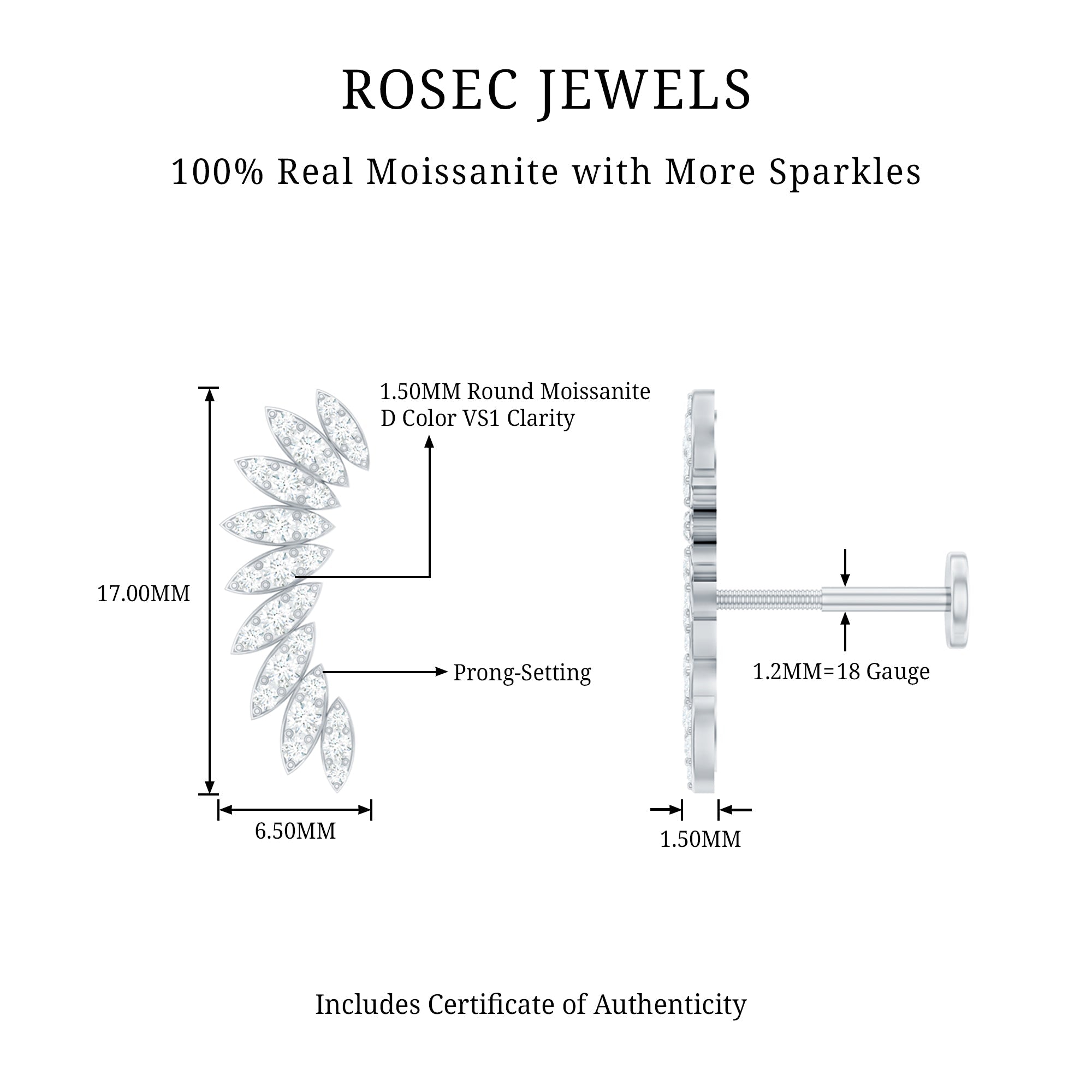 Certified Moissanite Feather Climber Cartilage Earring