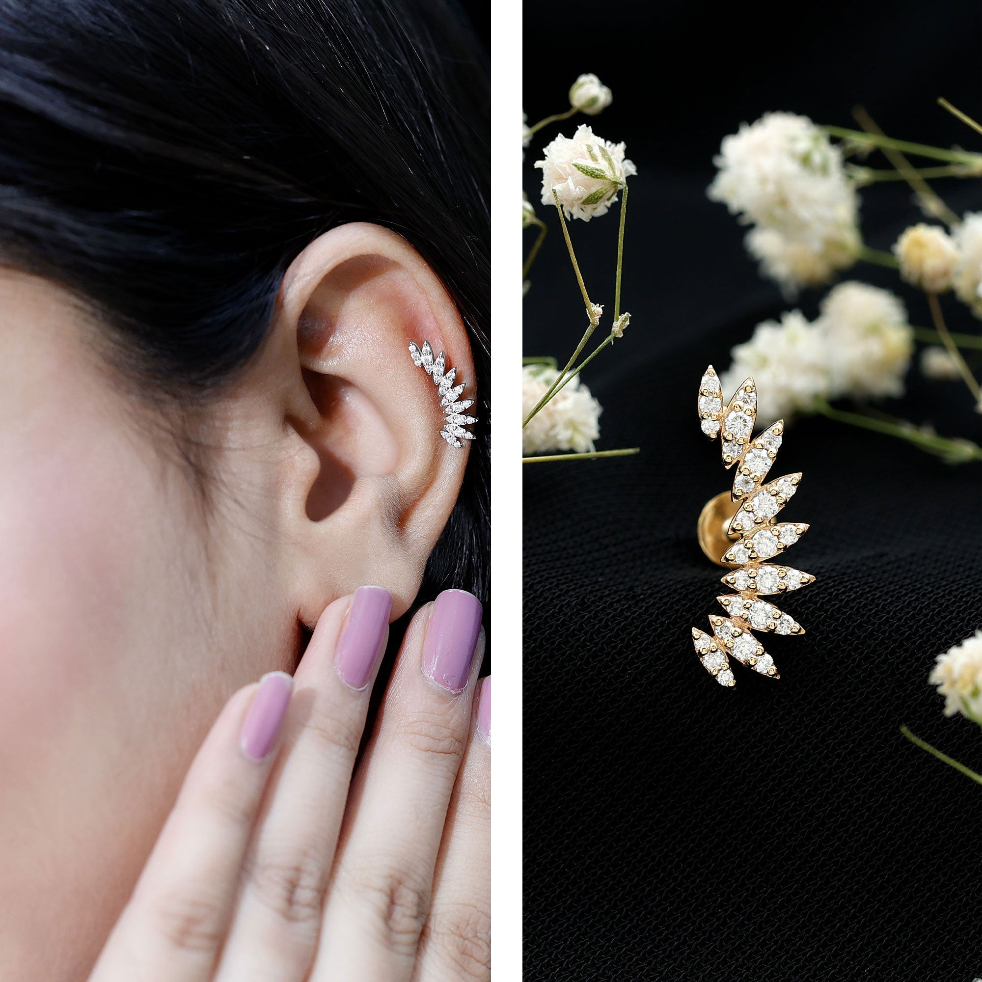 Certified Moissanite Feather Climber Cartilage Earring