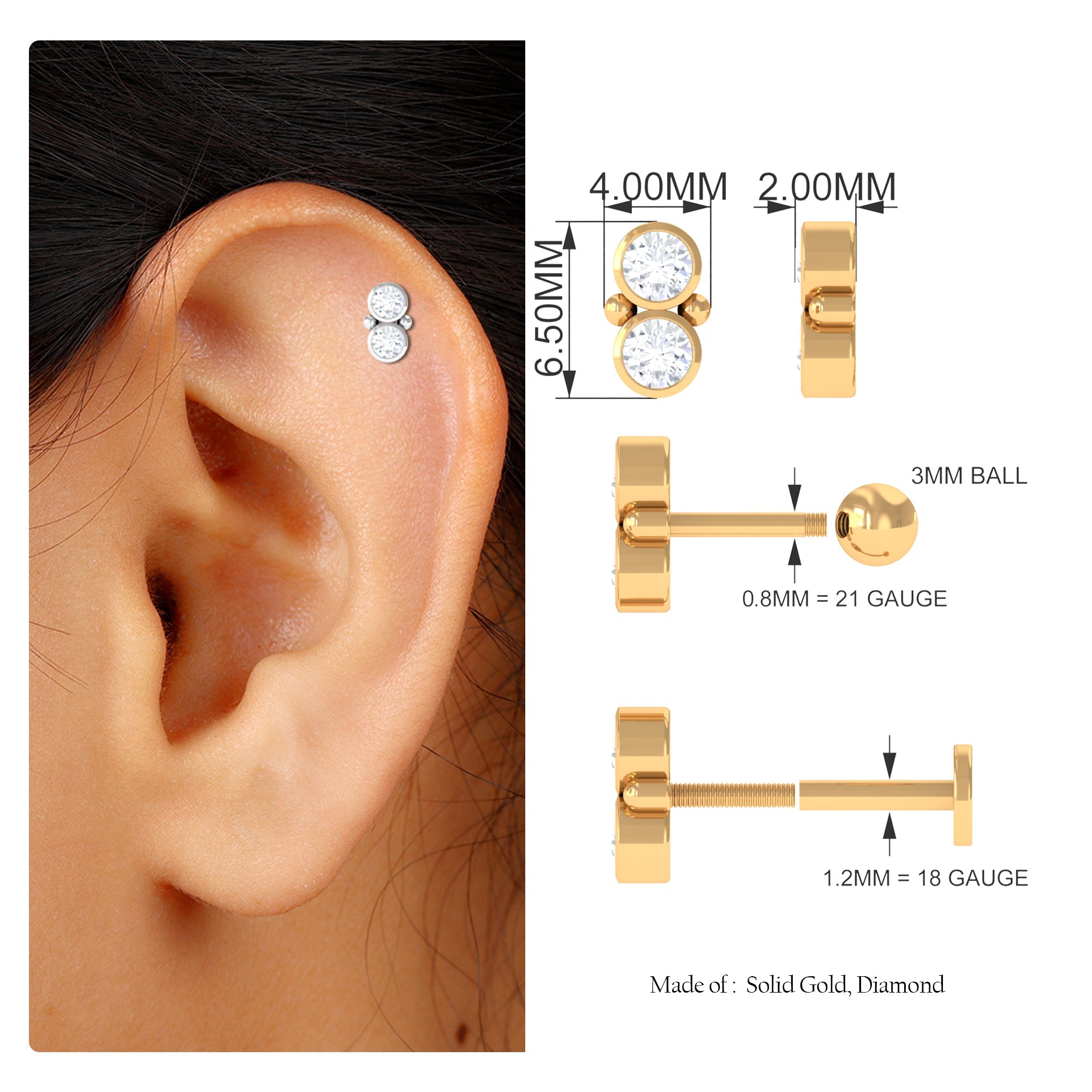 Dainty Moissanite 2 Stone Earring for Tragus Piercing