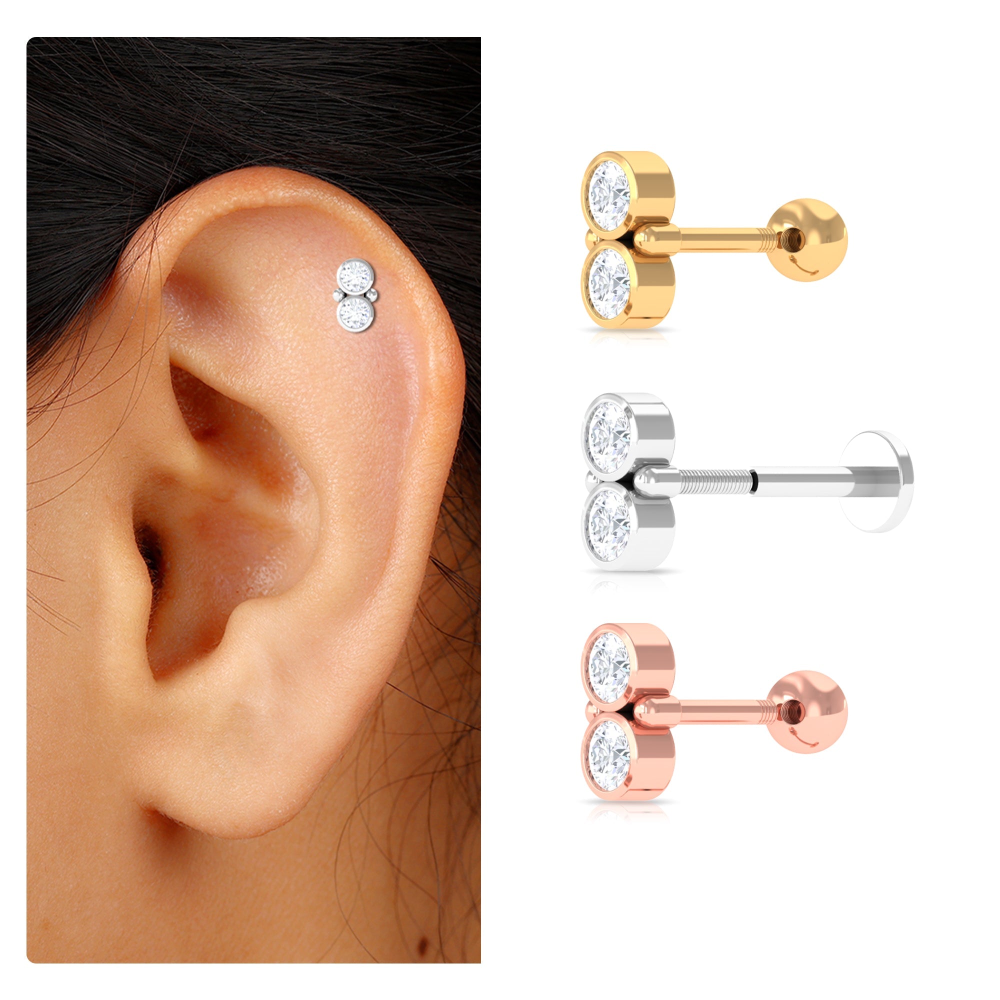 Dainty Moissanite 2 Stone Earring for Tragus Piercing