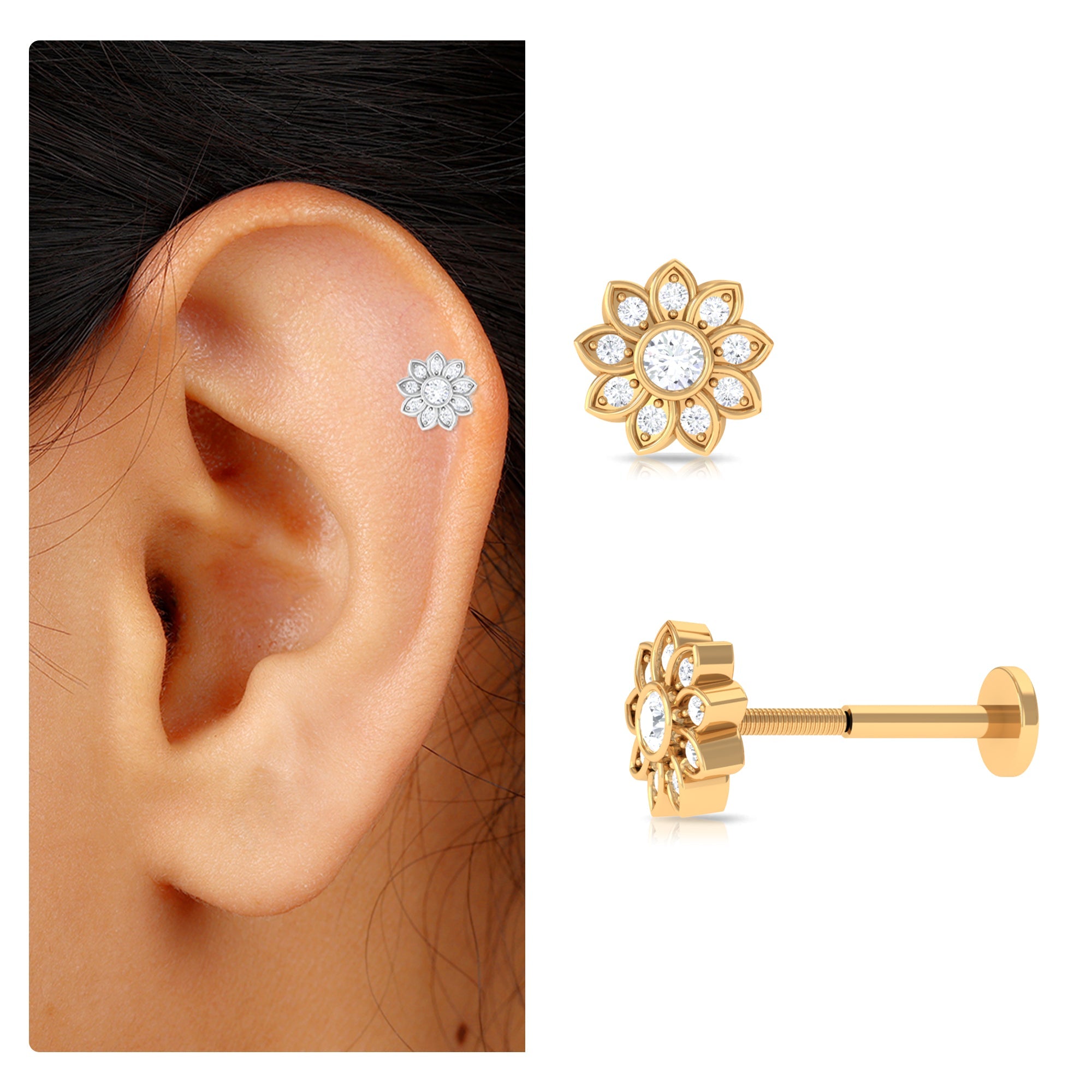 Moissanite Flower Cartilage Earring in Gold