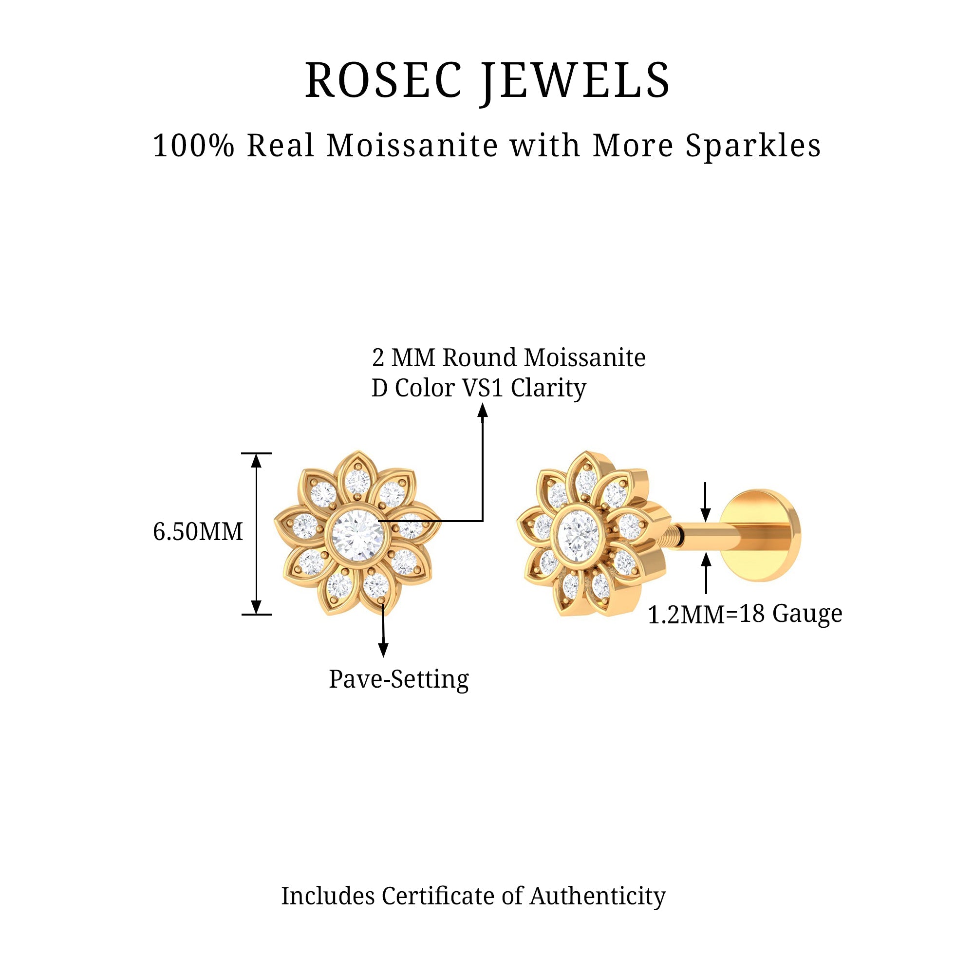 Moissanite Flower Cartilage Earring in Gold