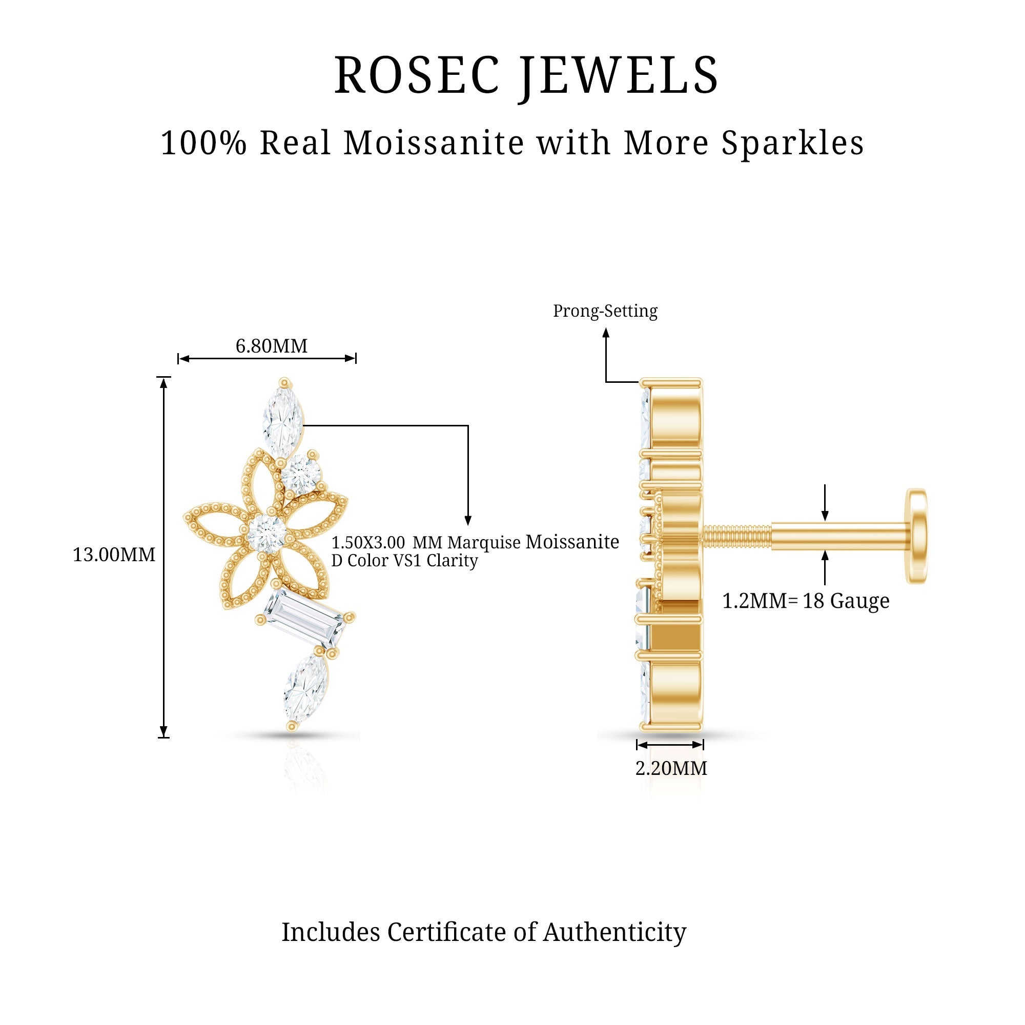 Unique Moissanite Flower Crawler Cartilage Earring