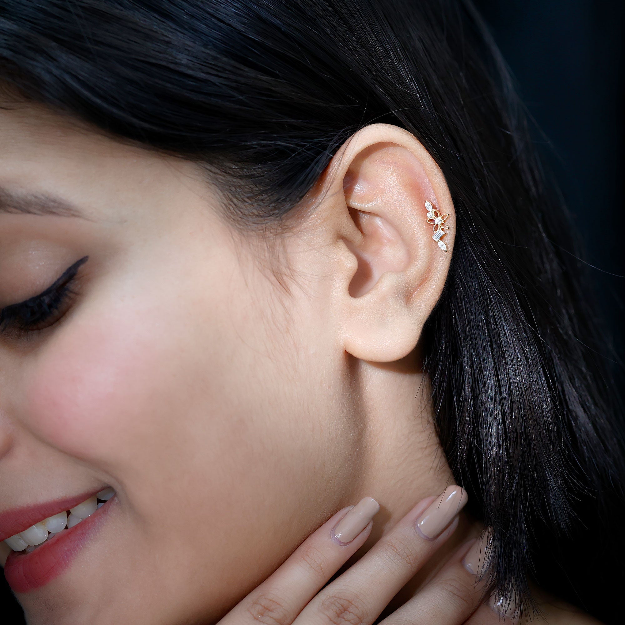 Unique Moissanite Flower Crawler Cartilage Earring