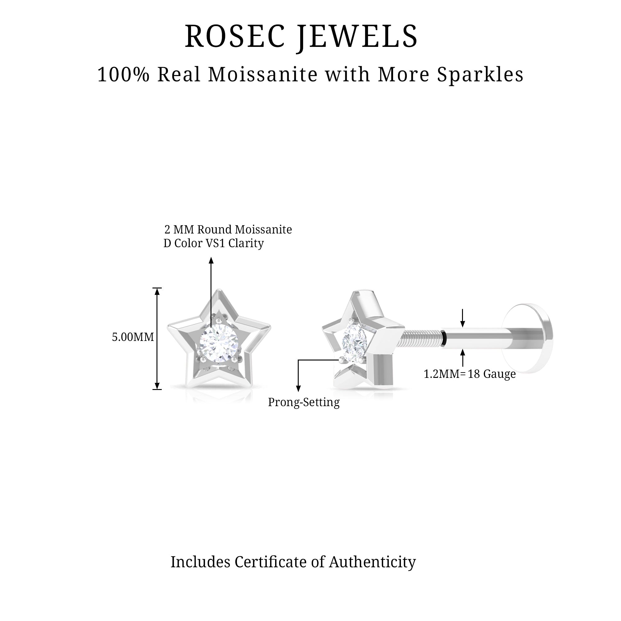 Solitaire Moissanite Star Earring for Conch Piercing