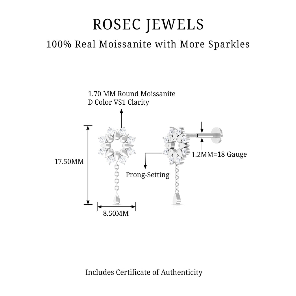 Moissanite Flower Chain Drop Earring for Cartilage Piercing