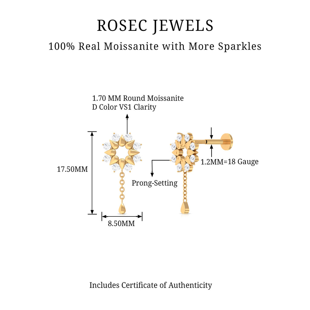 Moissanite Flower Chain Drop Earring for Cartilage Piercing