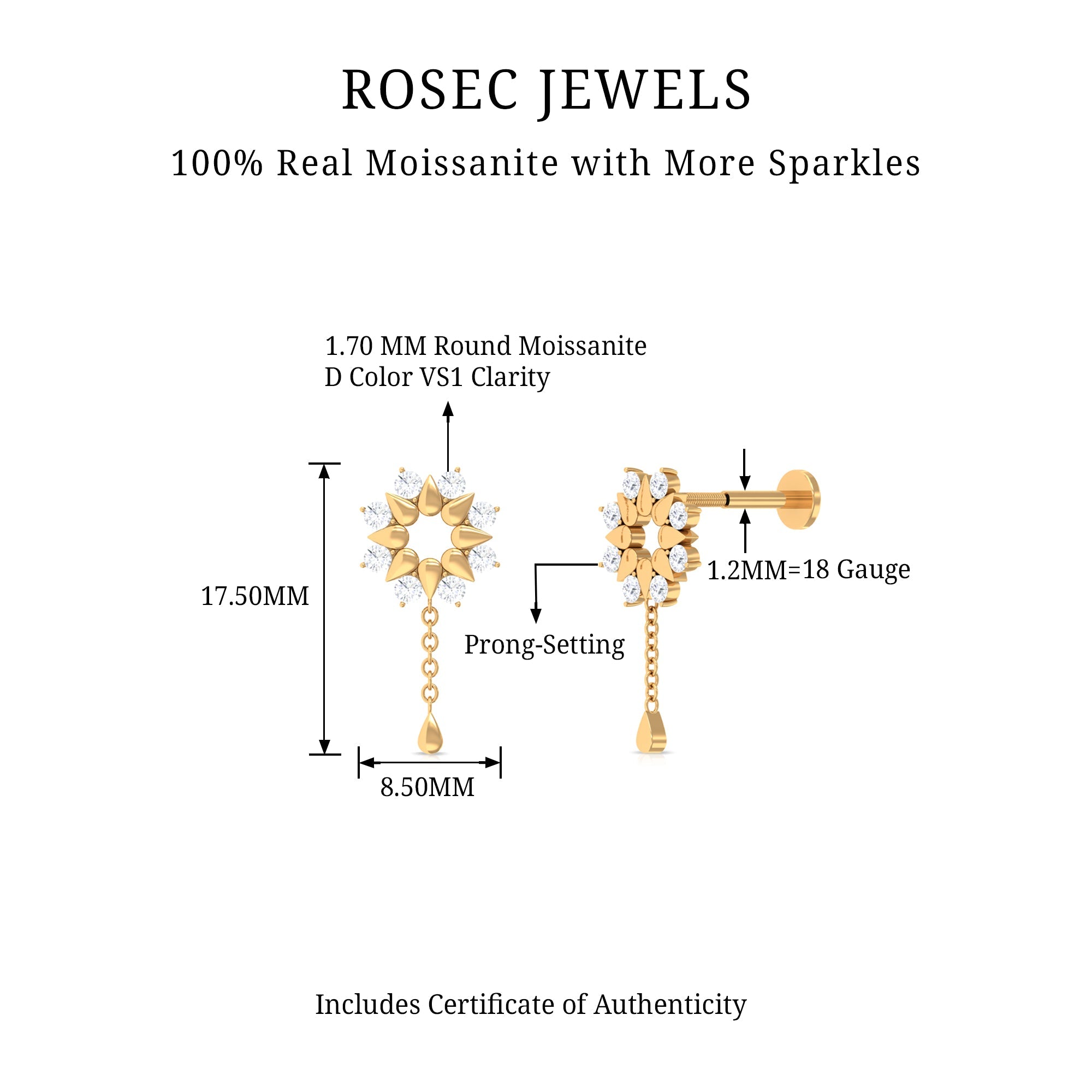 Moissanite Flower Chain Drop Earring for Cartilage Piercing